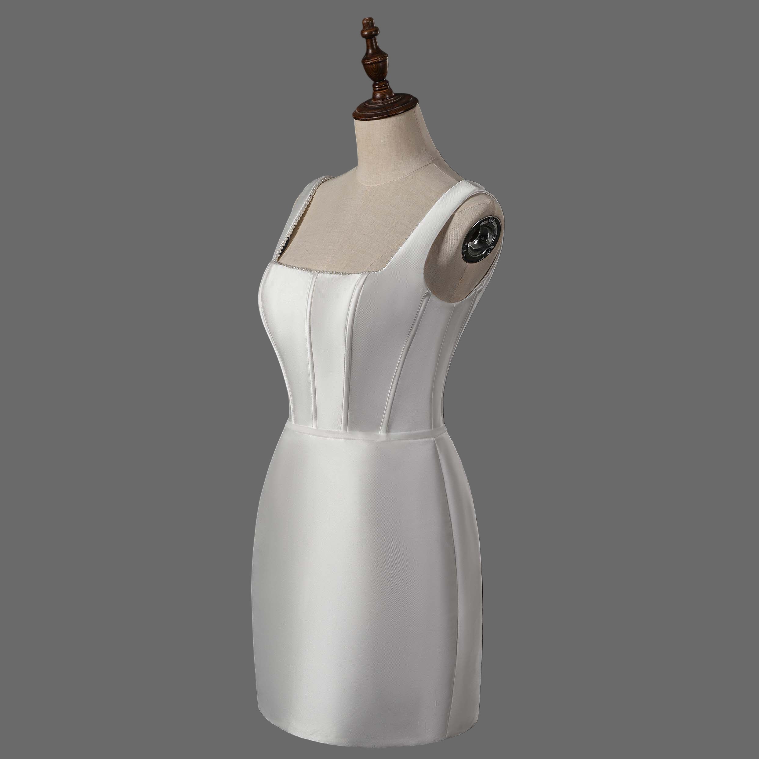 Ivory Corset Mini Wedding Dress - Modern Satin Bridal Gown with Square Neckline