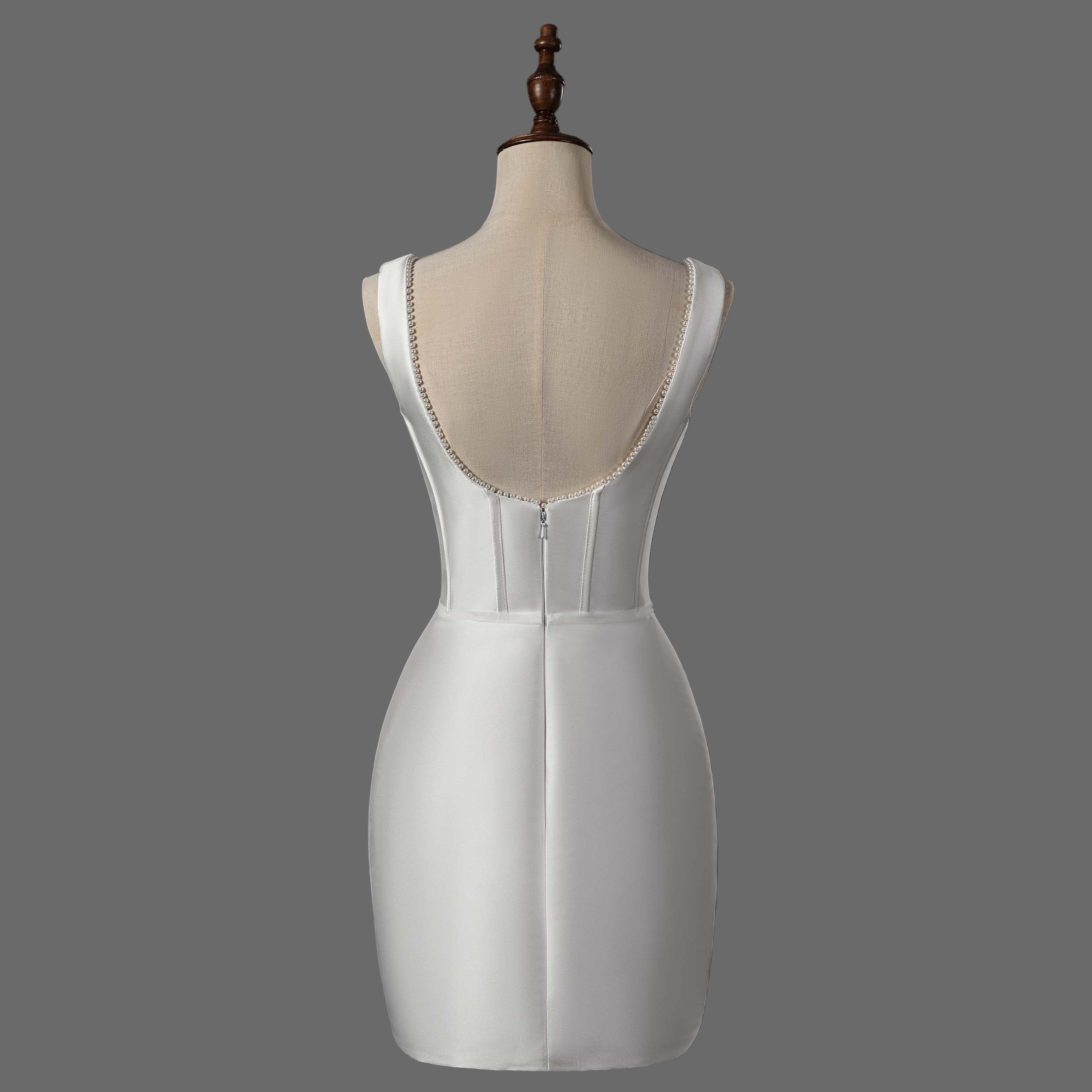 Ivory Corset Mini Wedding Dress - Modern Satin Bridal Gown with Square Neckline