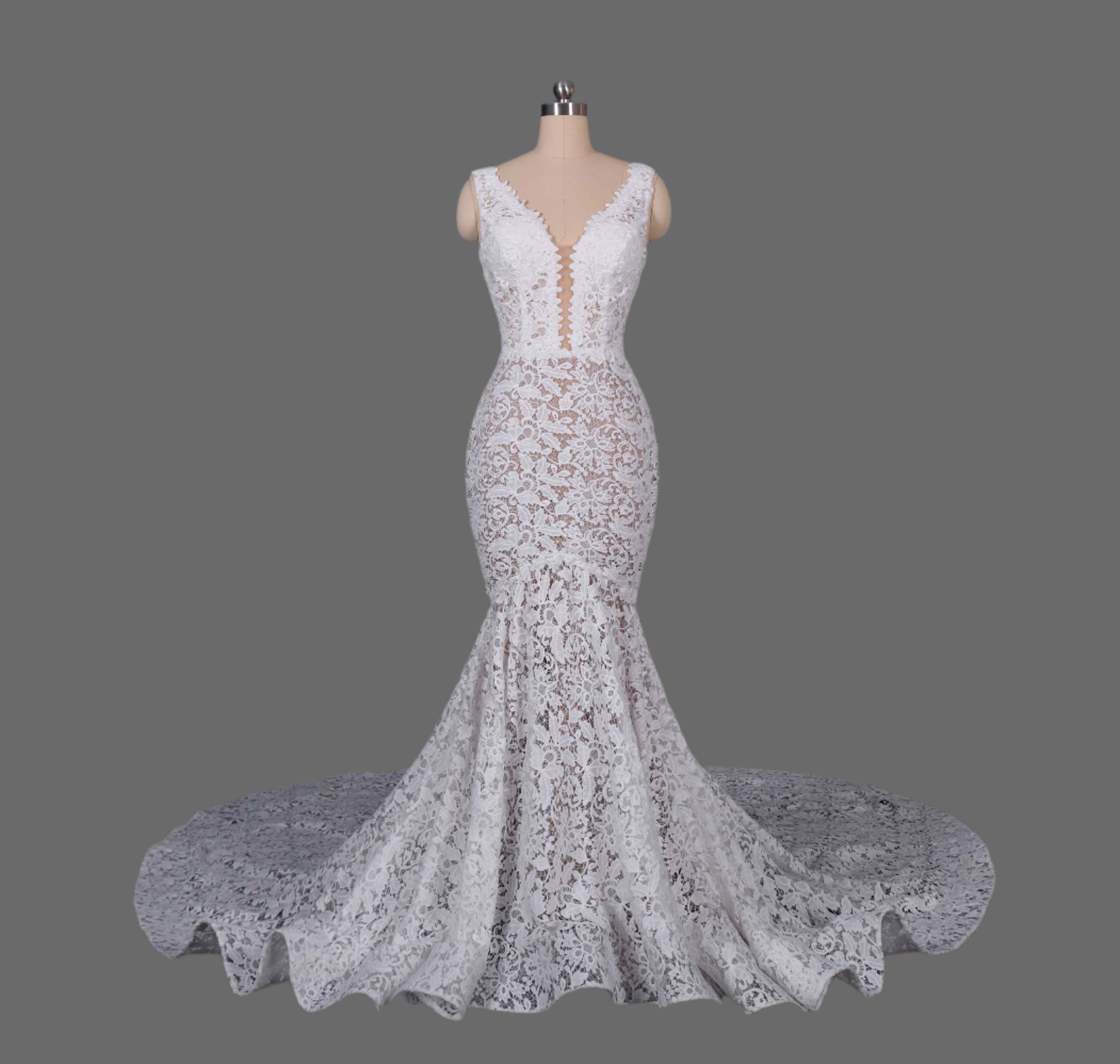 Ivory Lace Mermaid Wedding Dress V-Neck Sleeveless Bridal Gown Court Train