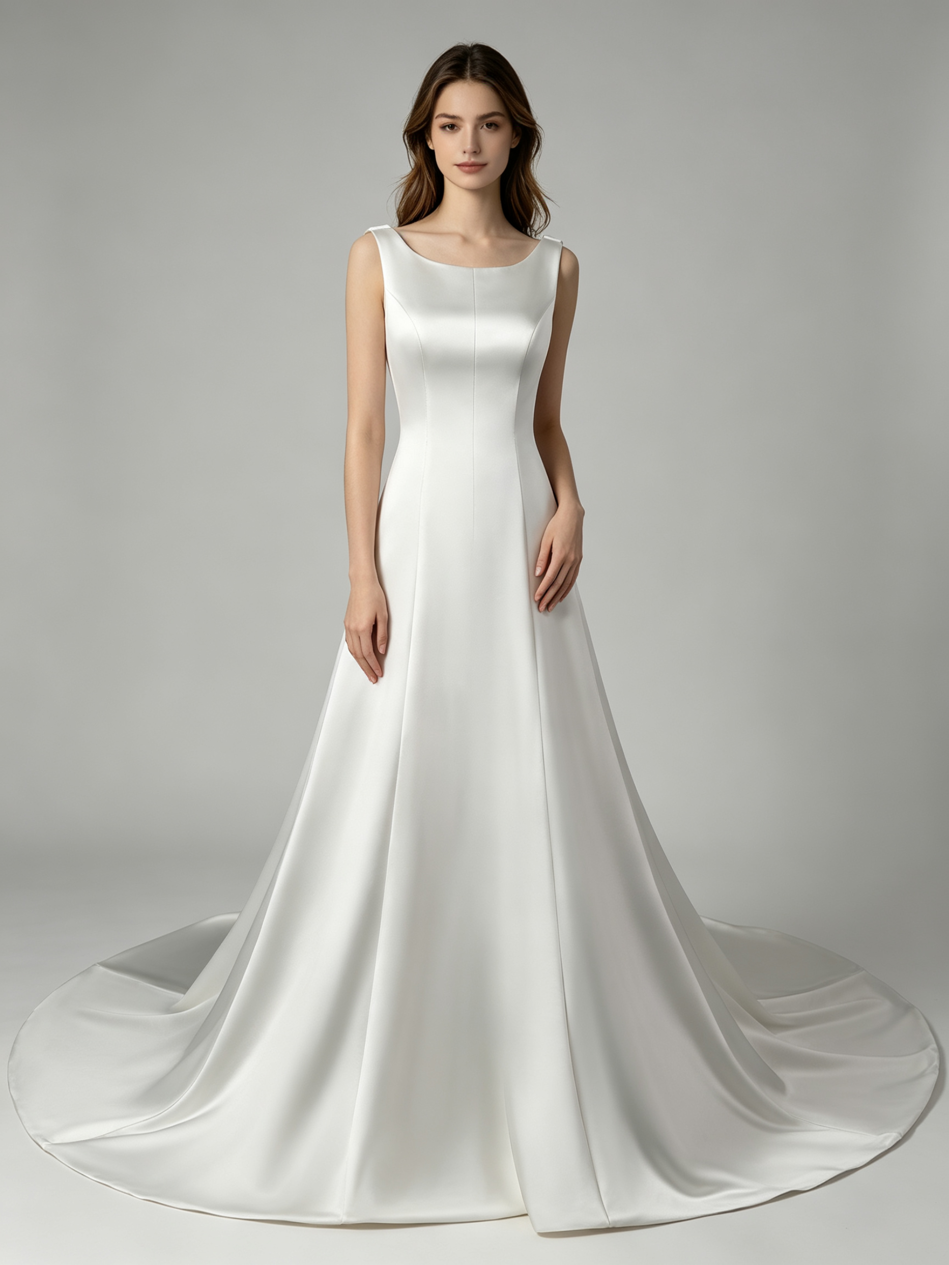 Ivory Satin A-Line Wedding Dress with Cathedral Train