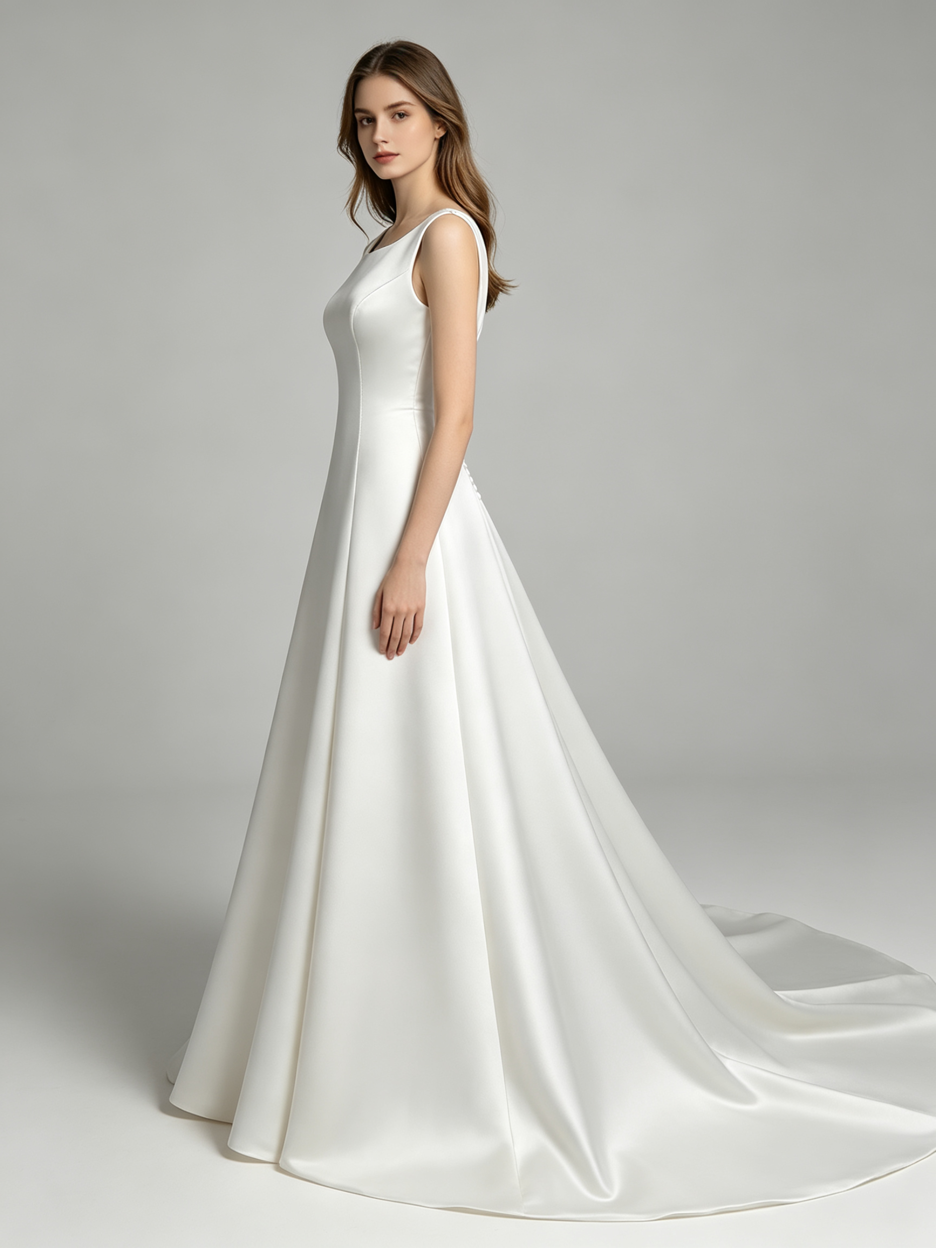 Ivory Satin A-Line Wedding Dress with Cathedral Train