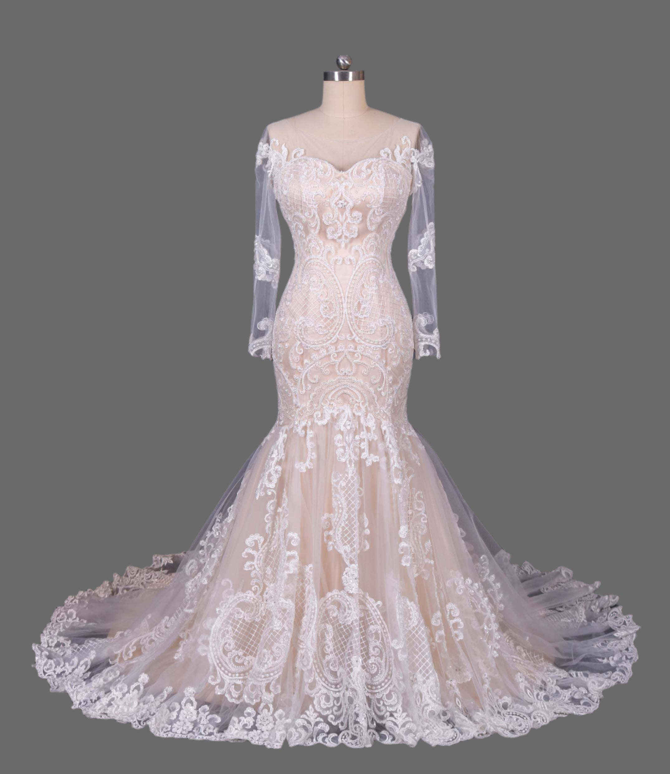 Lace and Tulle Long Sleeve Mermaid Wedding Dress