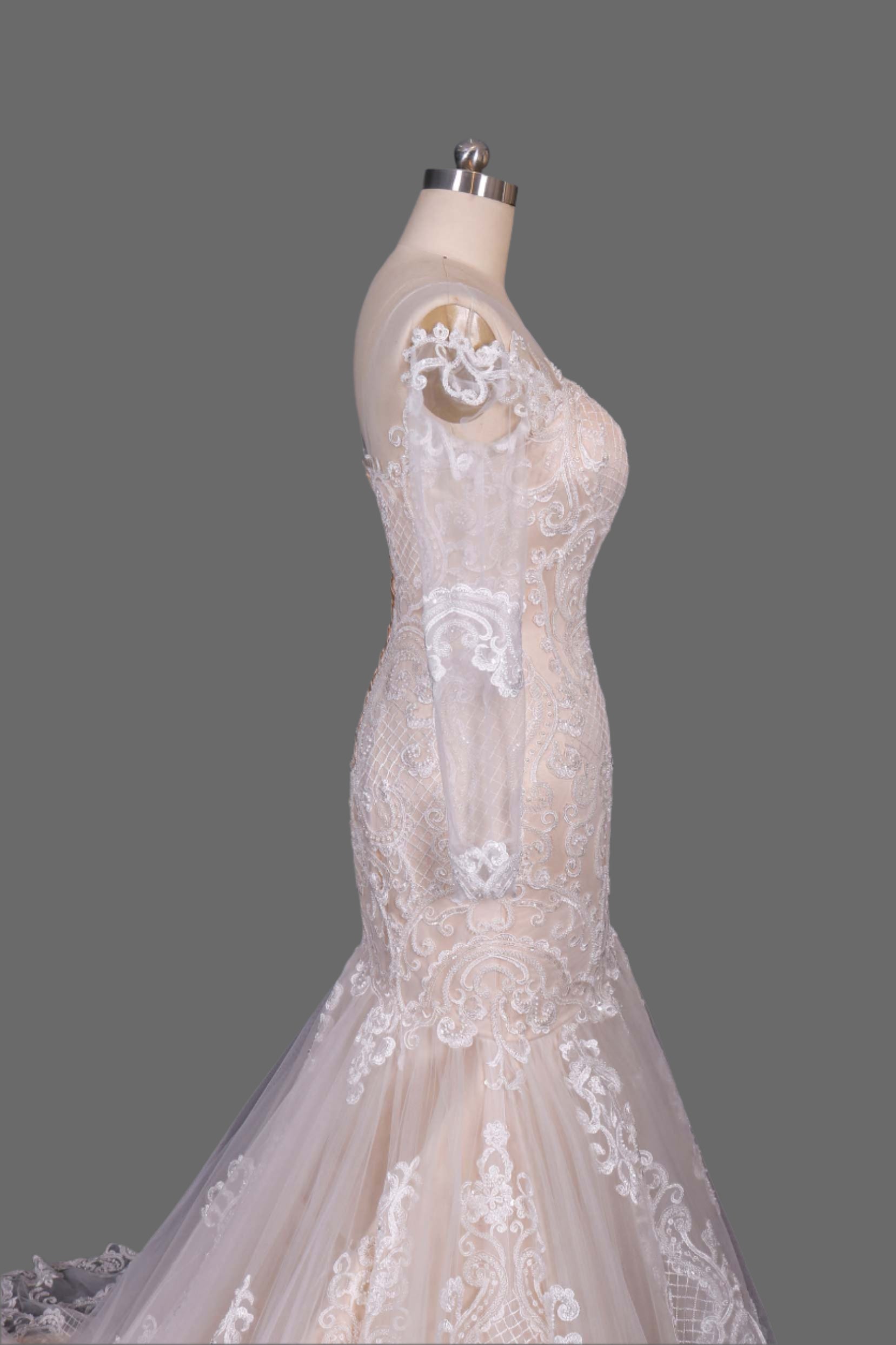 Lace and Tulle Long Sleeve Mermaid Wedding Dress