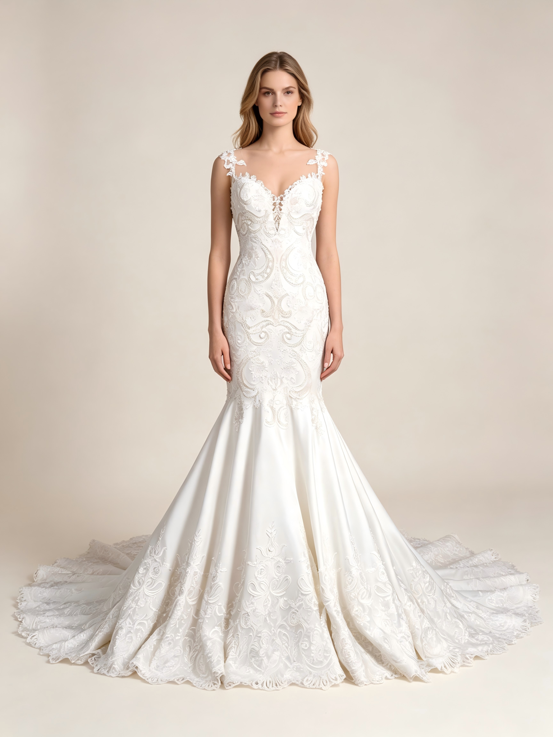 Lace Applique Mermaid Gown with Detachable Train