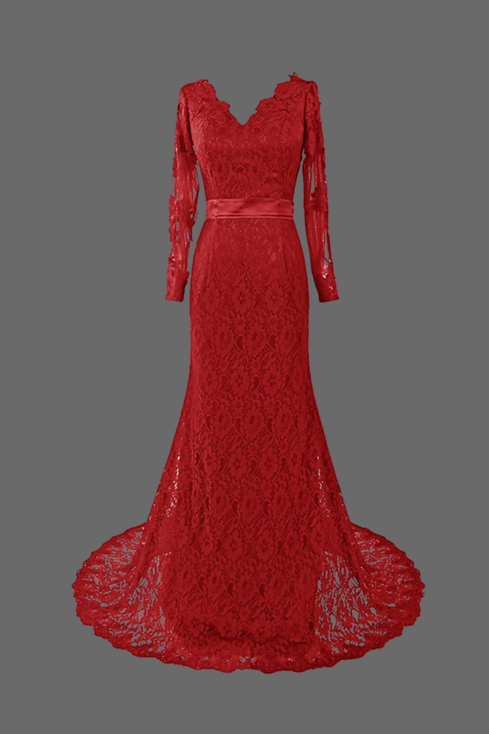 Lace Mermaid Gown - Long Sleeve Evening Dress with V-Neckline and Train