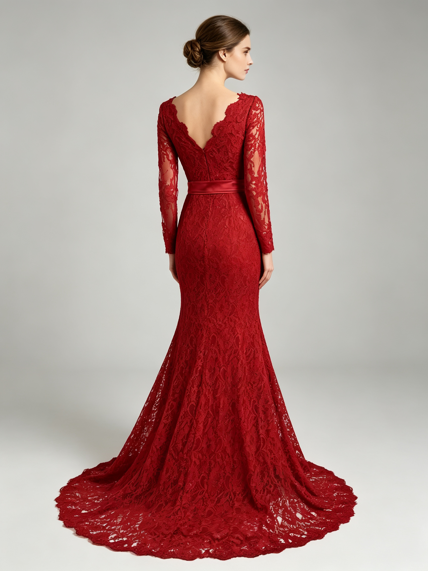 Lace Mermaid Gown - Long Sleeve Evening Dress with V-Neckline and Train