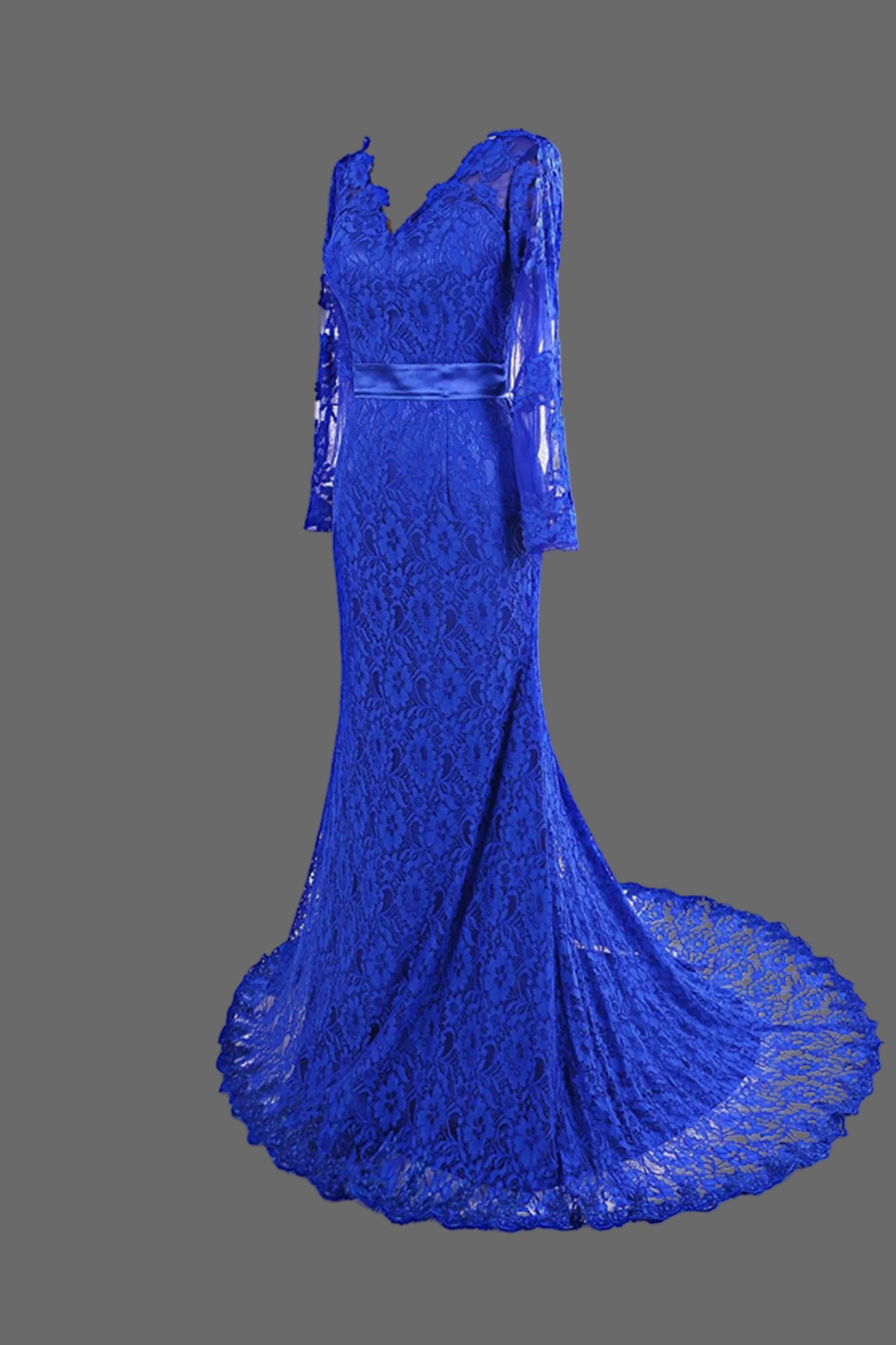 Lace Mermaid Gown - Long Sleeve Evening Dress with V-Neckline and Train