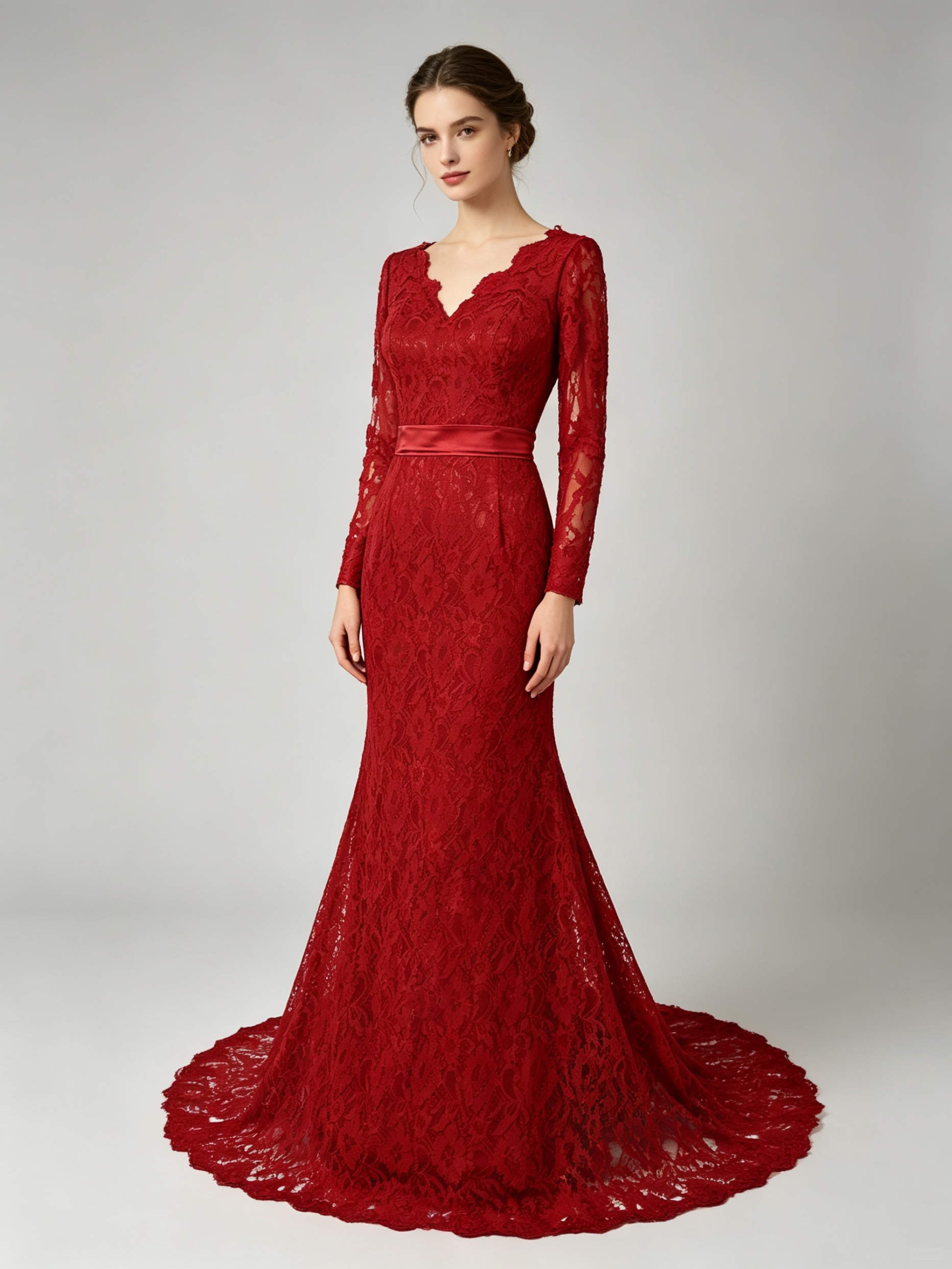 Lace Mermaid Gown - Long Sleeve Evening Dress with V-Neckline and Train