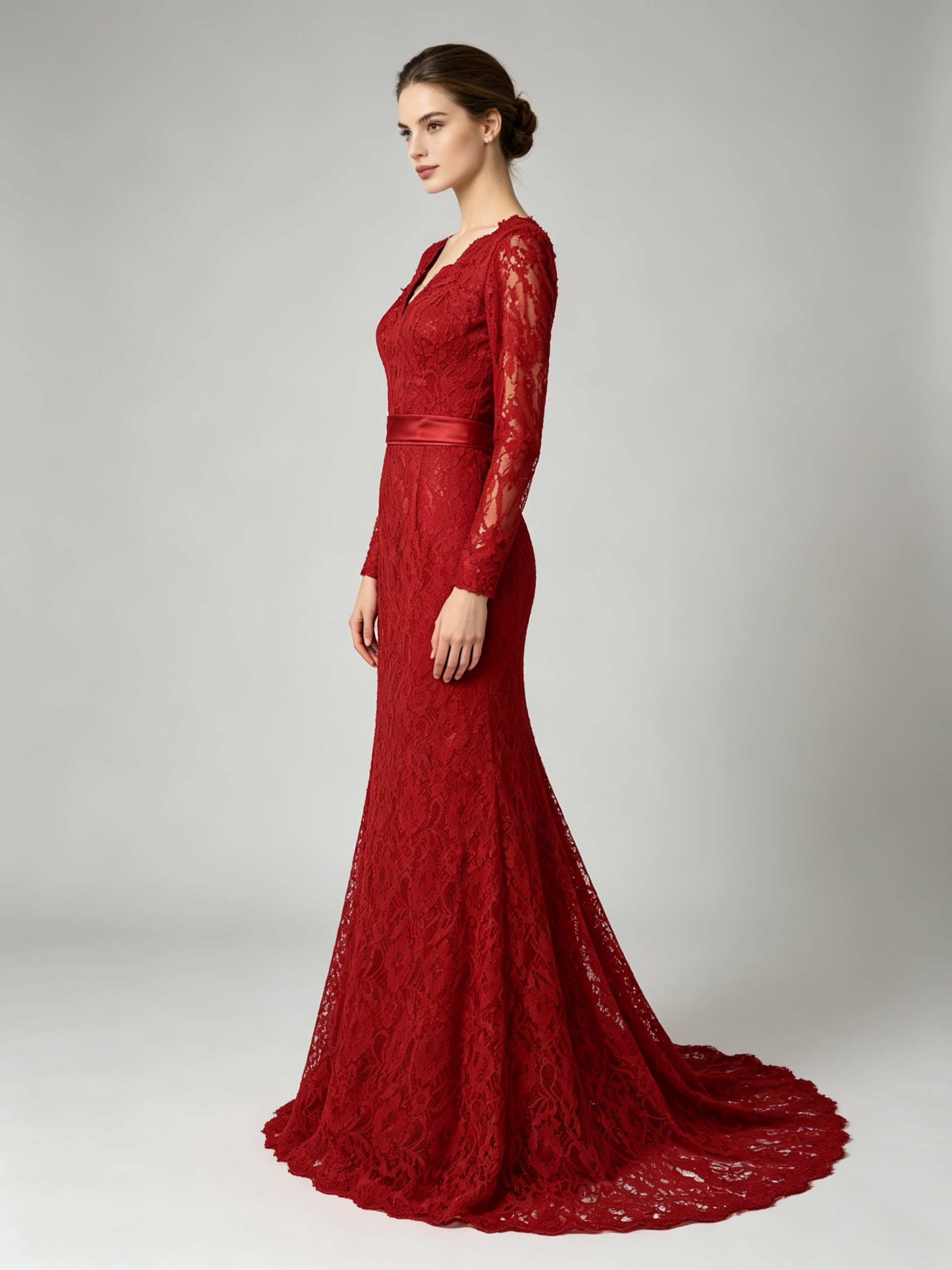 Lace Mermaid Gown - Long Sleeve Evening Dress with V-Neckline and Train