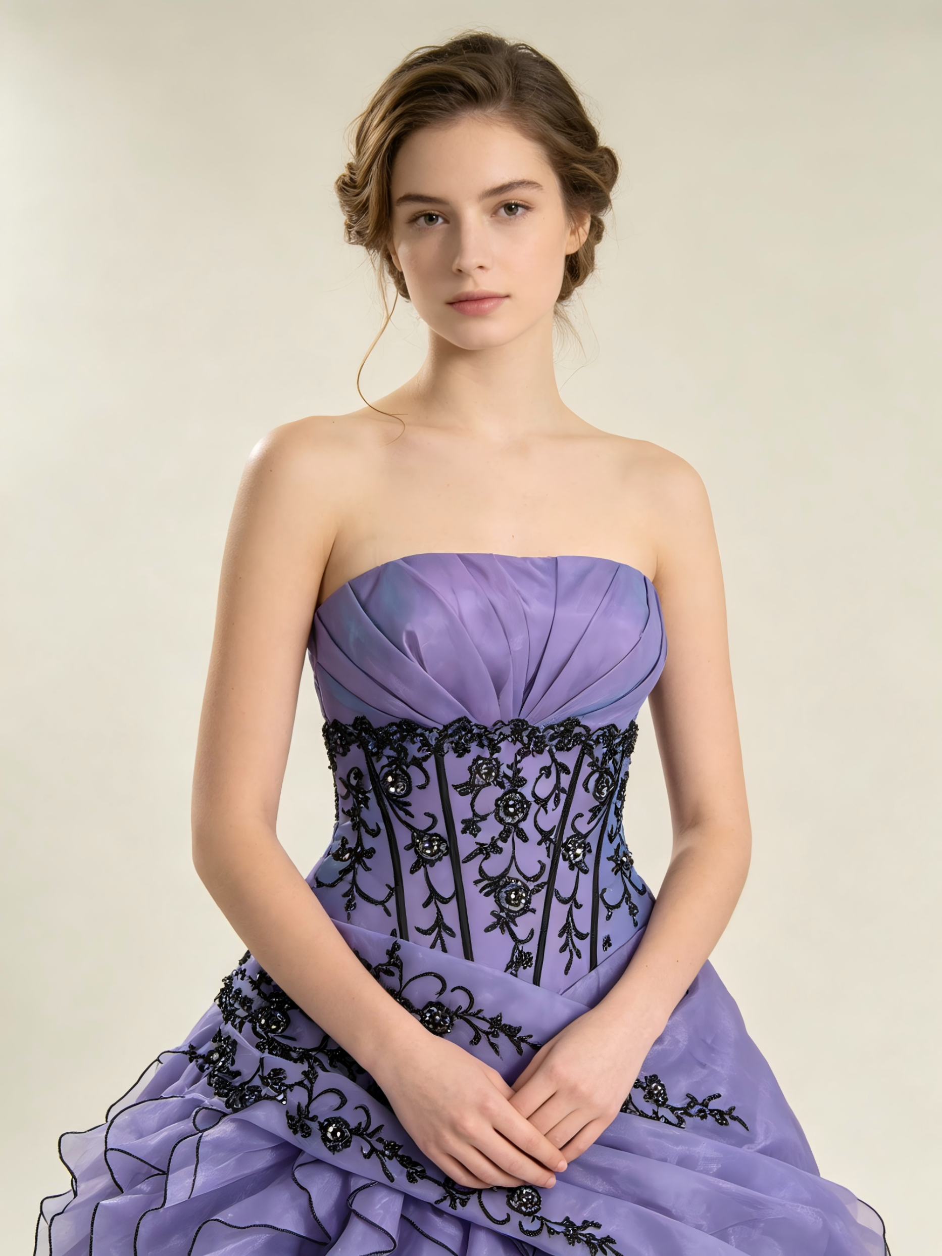 Lavender Purple Quinceanera Ball Gown with Black Floral Appliqué & Cascading Ruffle Organza Skirt