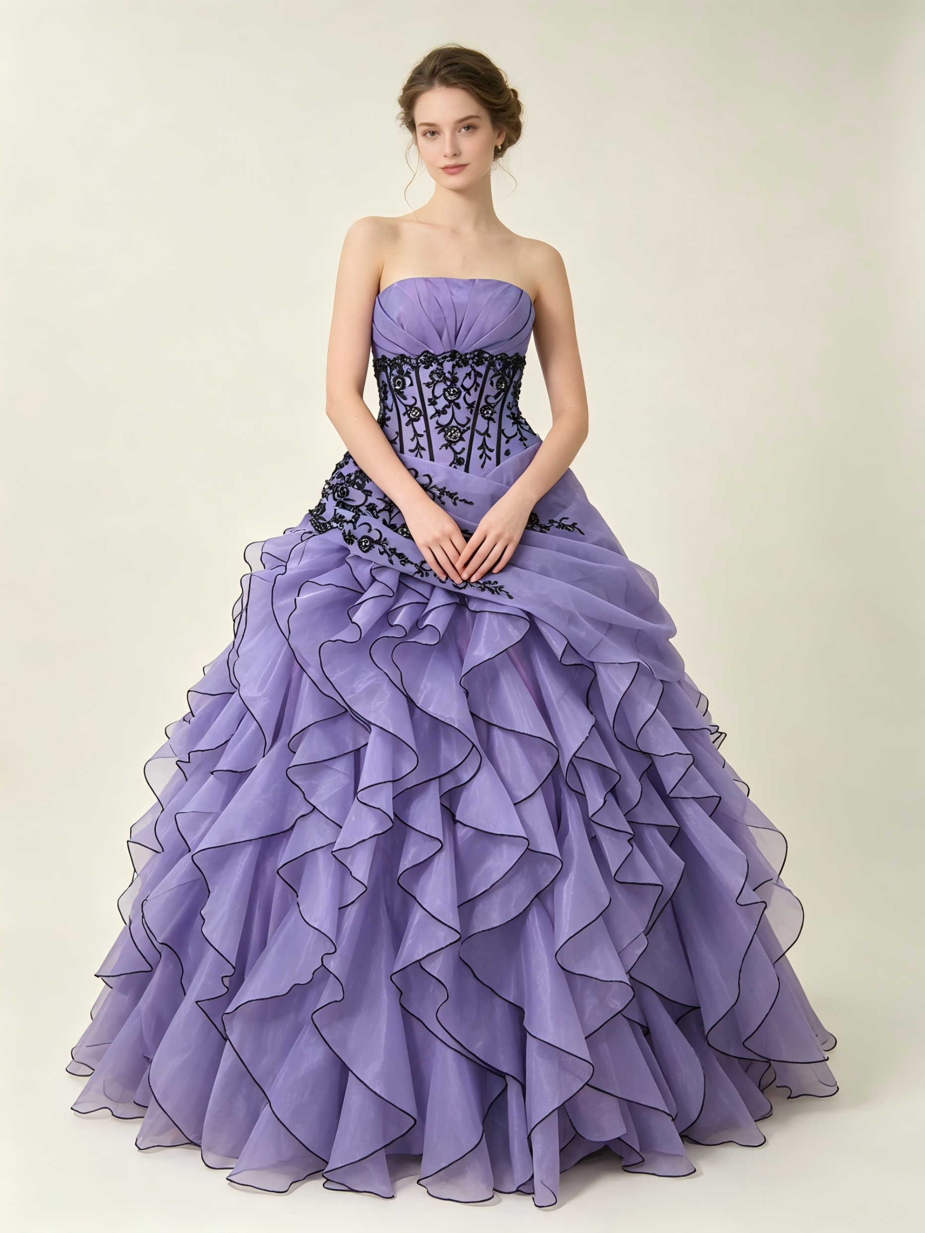 Lavender Purple Quinceanera Ball Gown with Black Floral Appliqué & Cascading Ruffle Organza Skirt