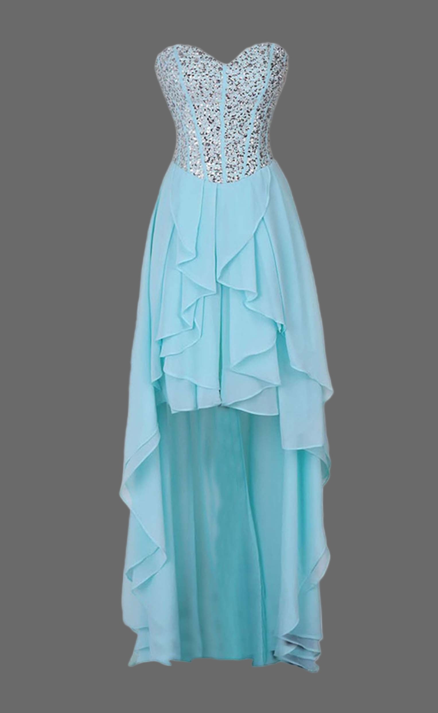 Light Blue Prom Dress with Crystal Beaded Bodice - High Low Ruffled Evening Gown
