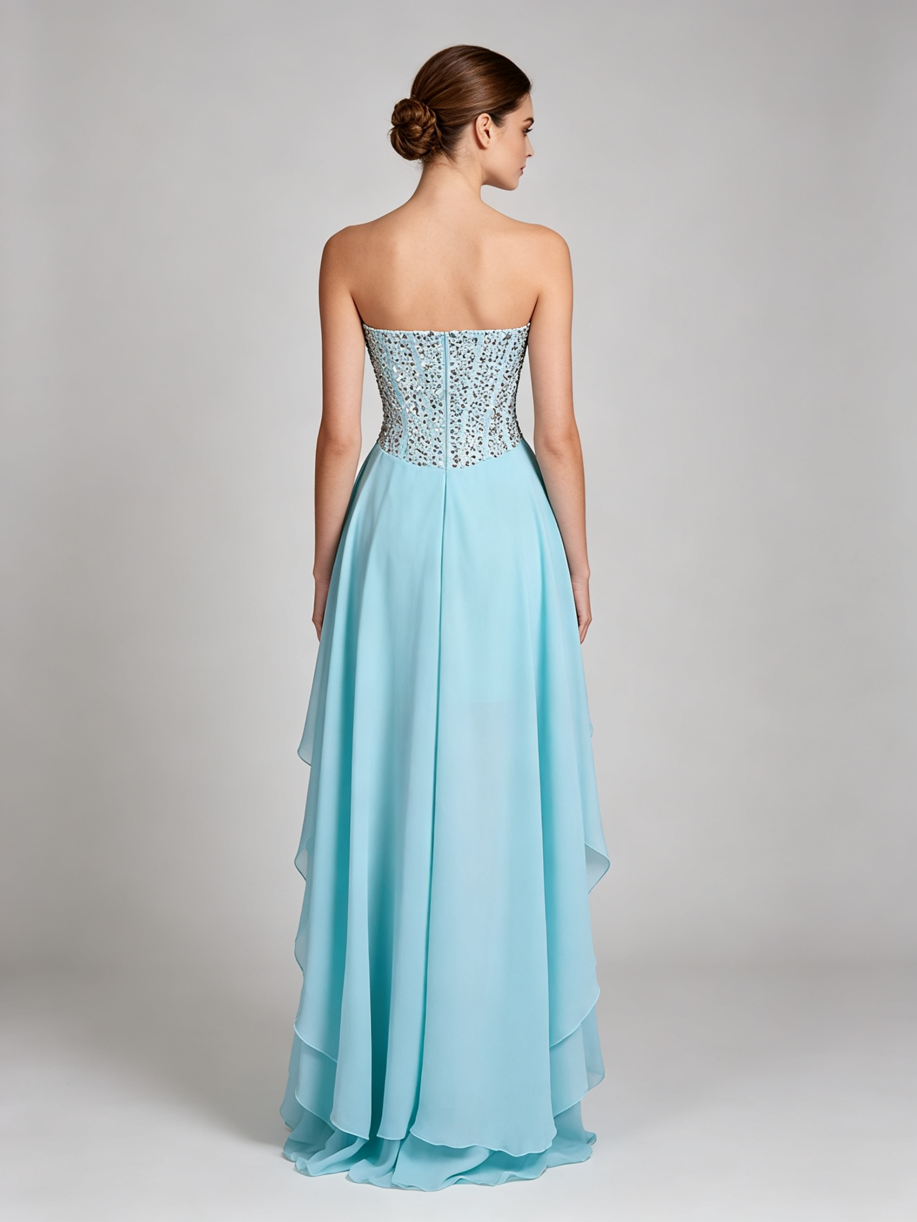 Light Blue Prom Dress with Crystal Beaded Bodice - High Low Ruffled Evening Gown