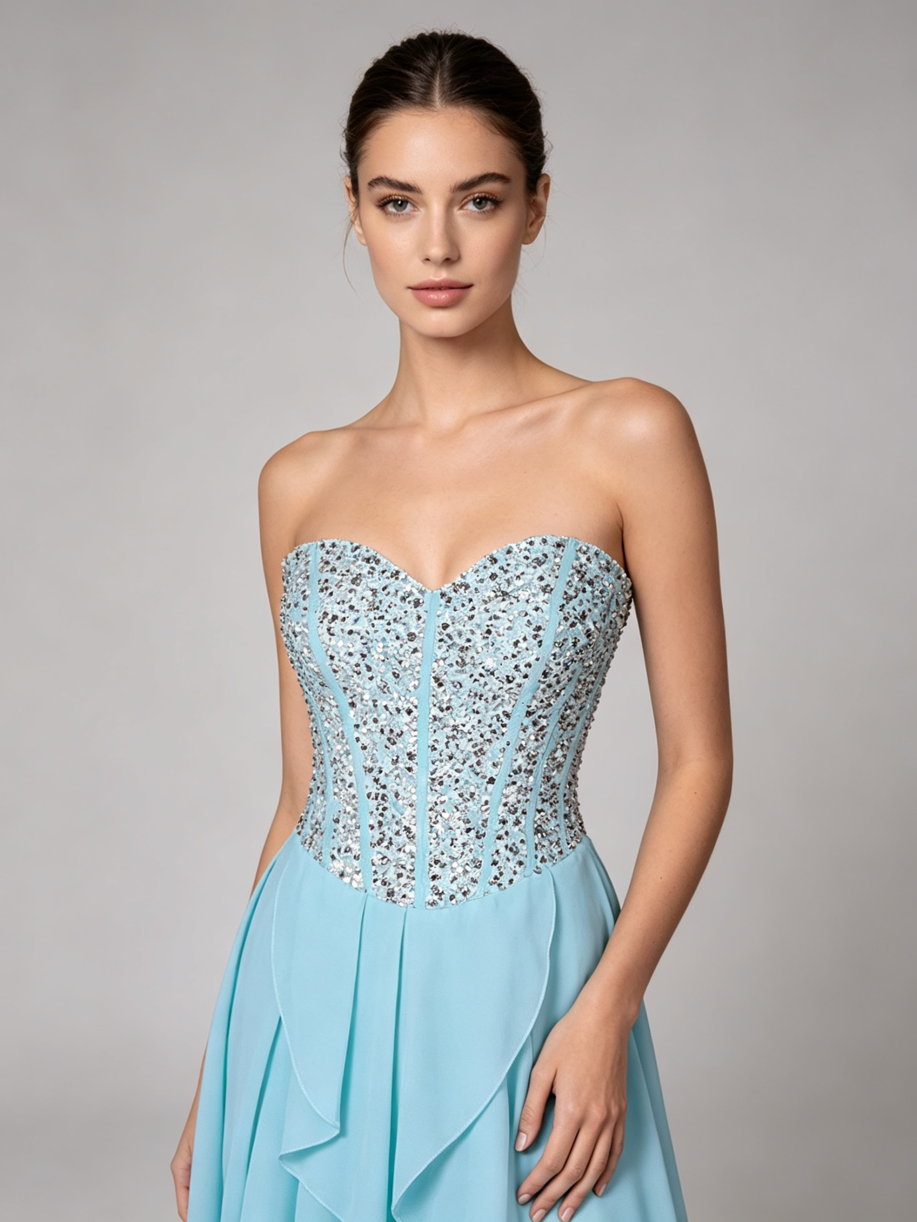 Light Blue Prom Dress with Crystal Beaded Bodice - High Low Ruffled Evening Gown