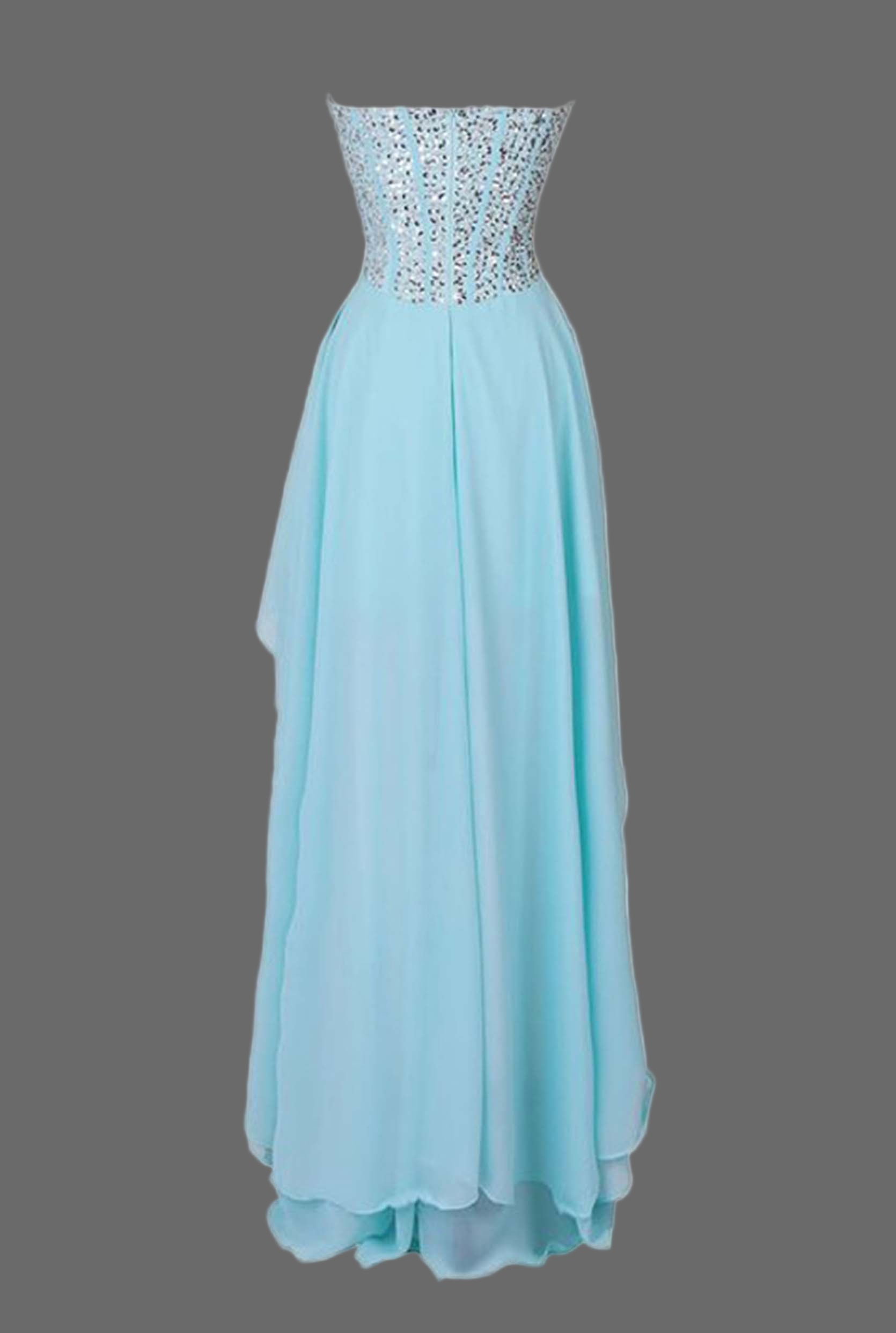 Light Blue Prom Dress with Crystal Beaded Bodice - High Low Ruffled Evening Gown