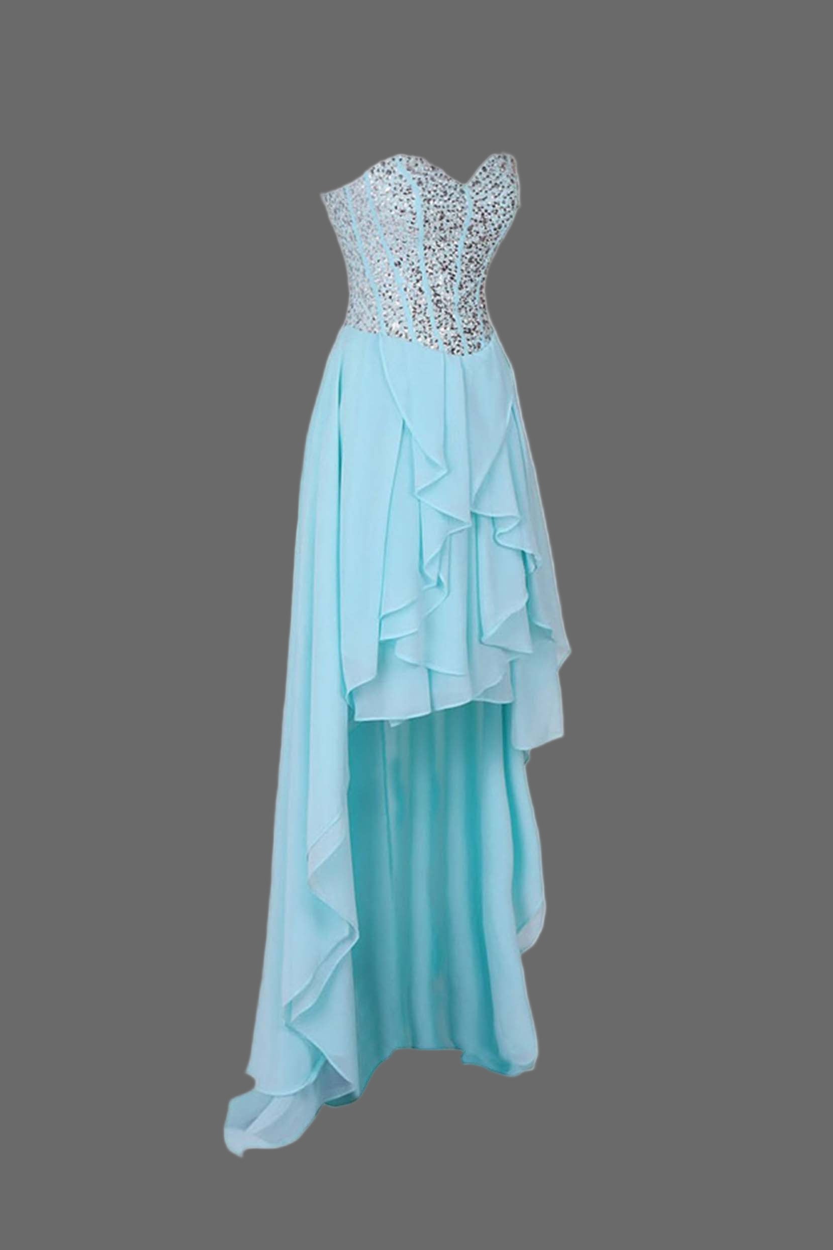 Light Blue Prom Dress with Crystal Beaded Bodice - High Low Ruffled Evening Gown
