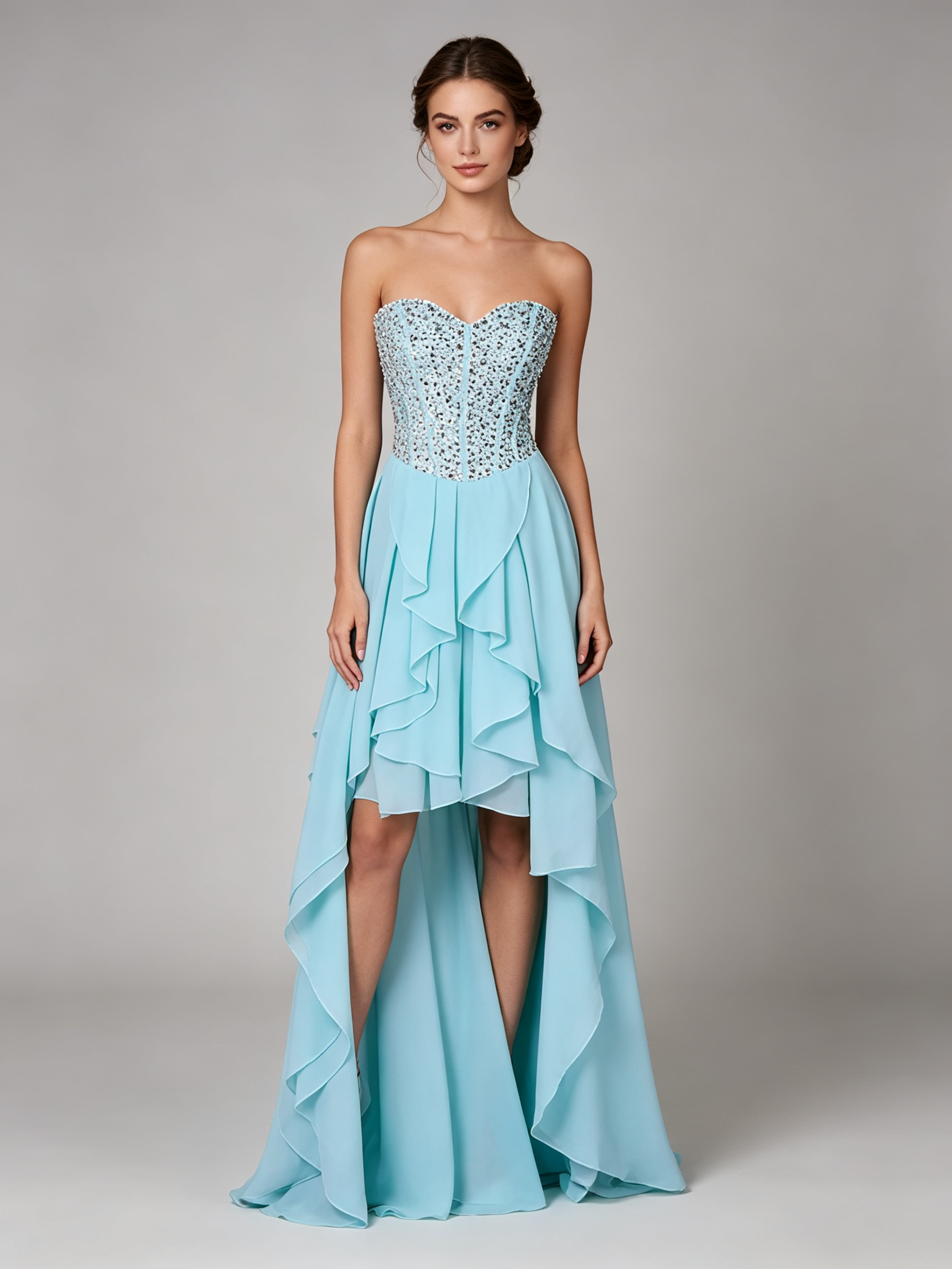 Light Blue Prom Dress with Crystal Beaded Bodice - High Low Ruffled Evening Gown