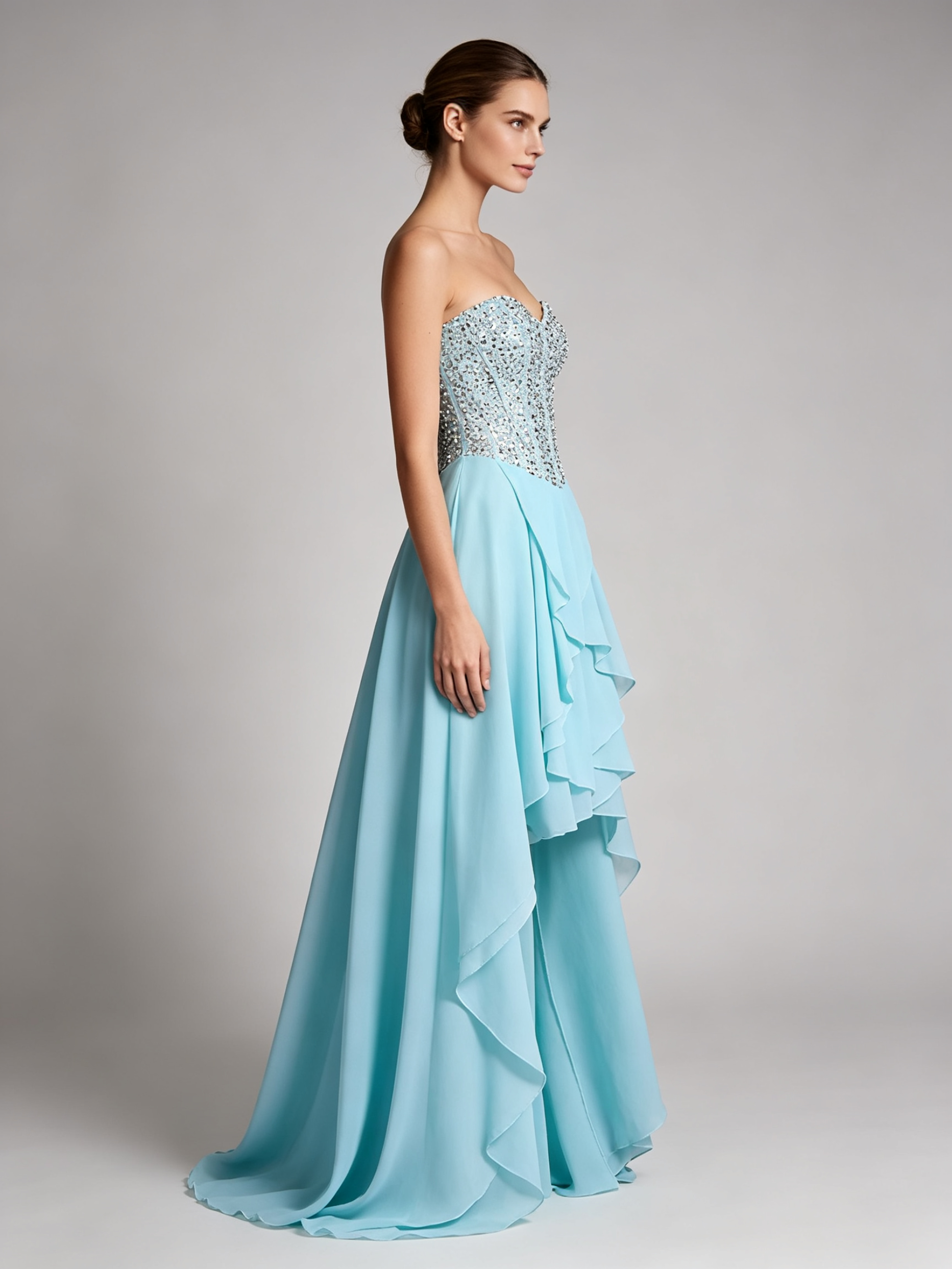 Light Blue Prom Dress with Crystal Beaded Bodice - High Low Ruffled Evening Gown
