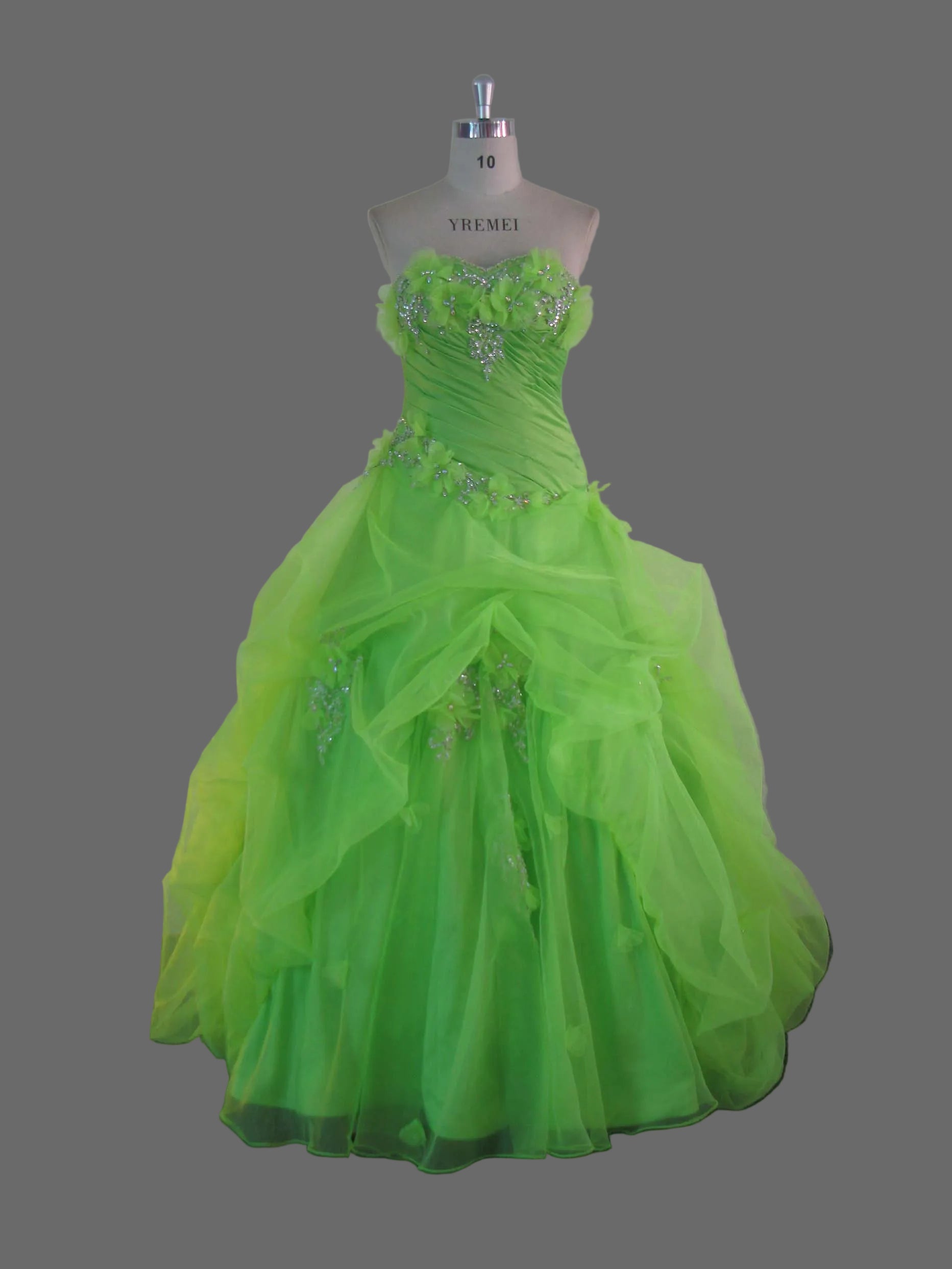 Lime Green Ball Gown Quinceanera Dress Strapless Floral Beaded Organza Ruffle Prom Pageant Formal Gown