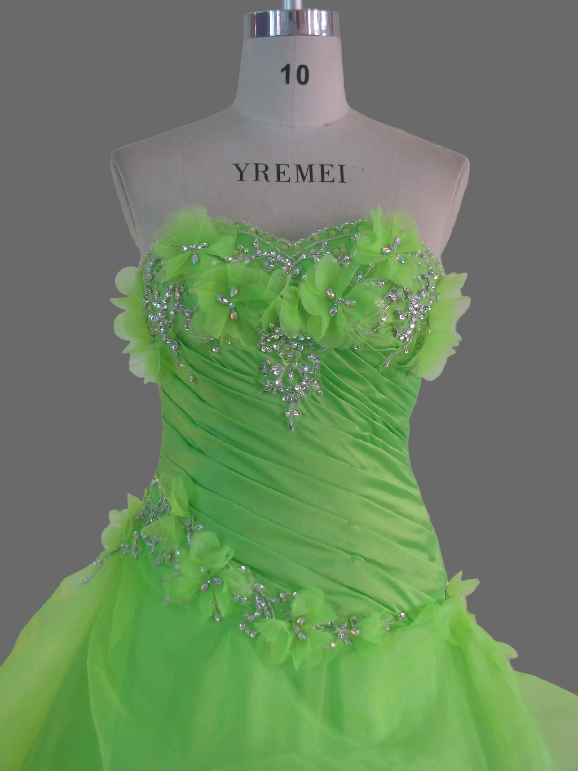 Lime Green Ball Gown Quinceanera Dress Strapless Floral Beaded Organza Ruffle Prom Pageant Formal Gown