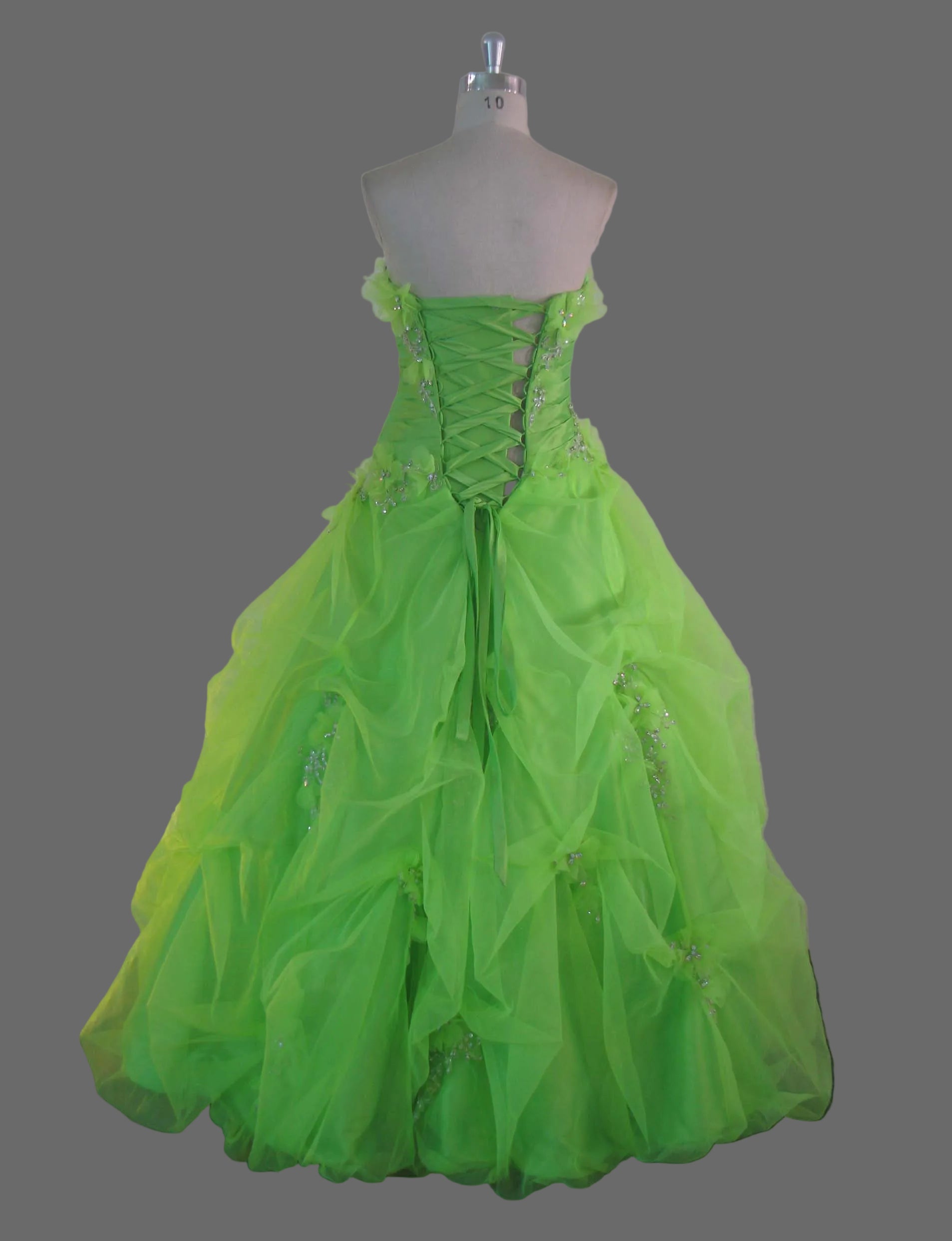 Lime Green Ball Gown Quinceanera Dress Strapless Floral Beaded Organza Ruffle Prom Pageant Formal Gown