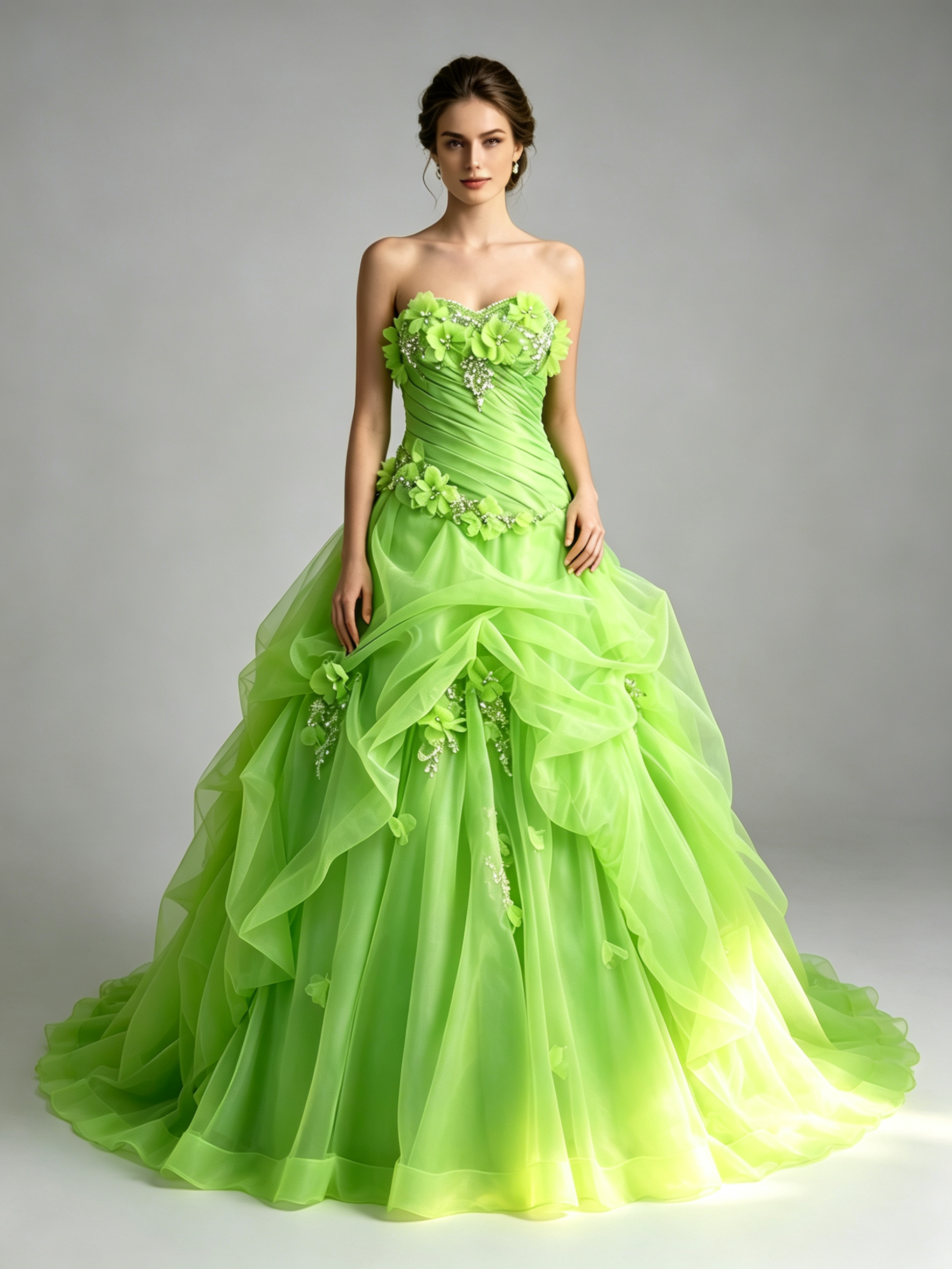Lime Green Ball Gown Quinceanera Dress Strapless Floral Beaded Organza Ruffle Prom Pageant Formal Gown