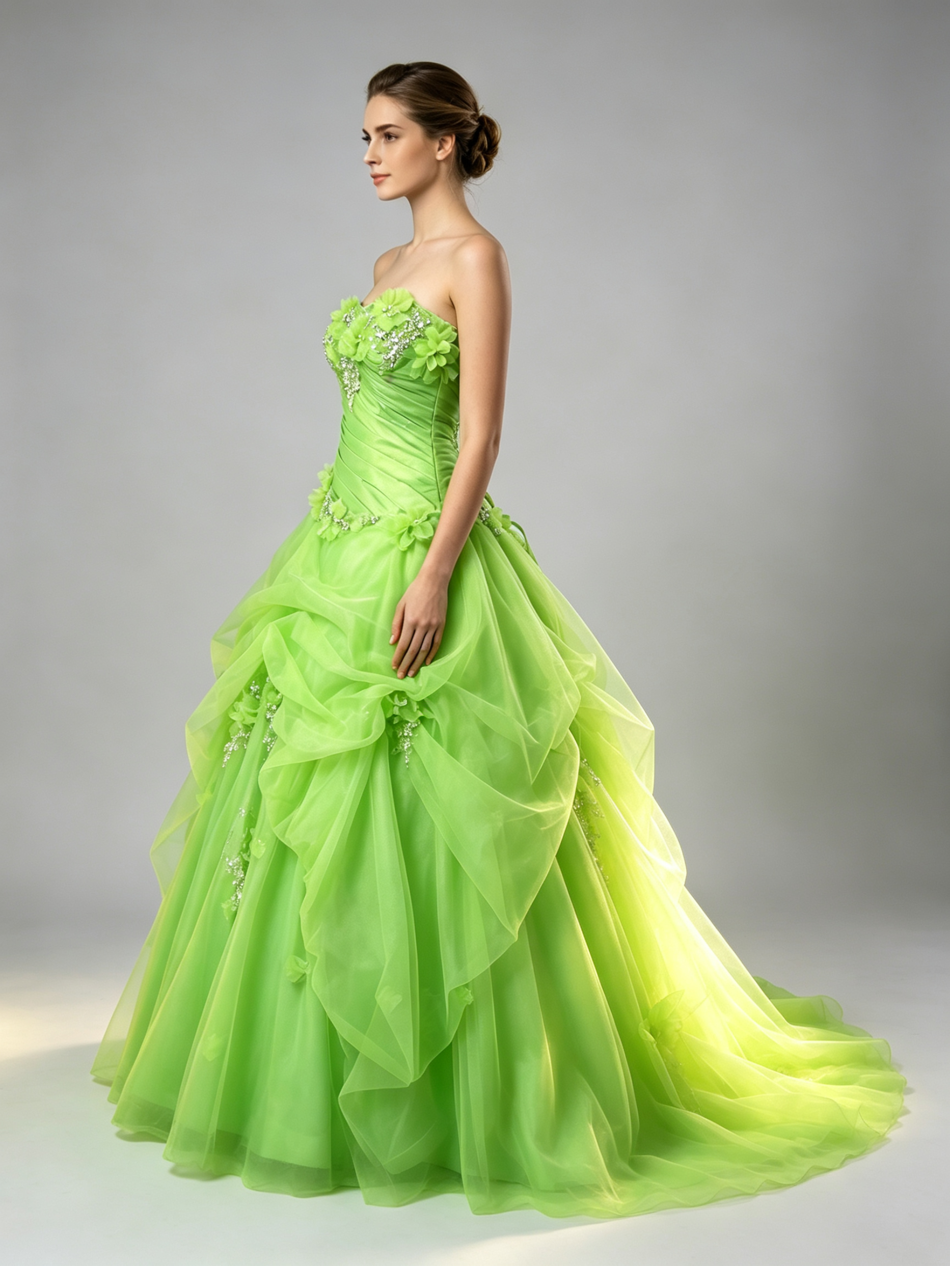 Lime Green Ball Gown Quinceanera Dress Strapless Floral Beaded Organza Ruffle Prom Pageant Formal Gown
