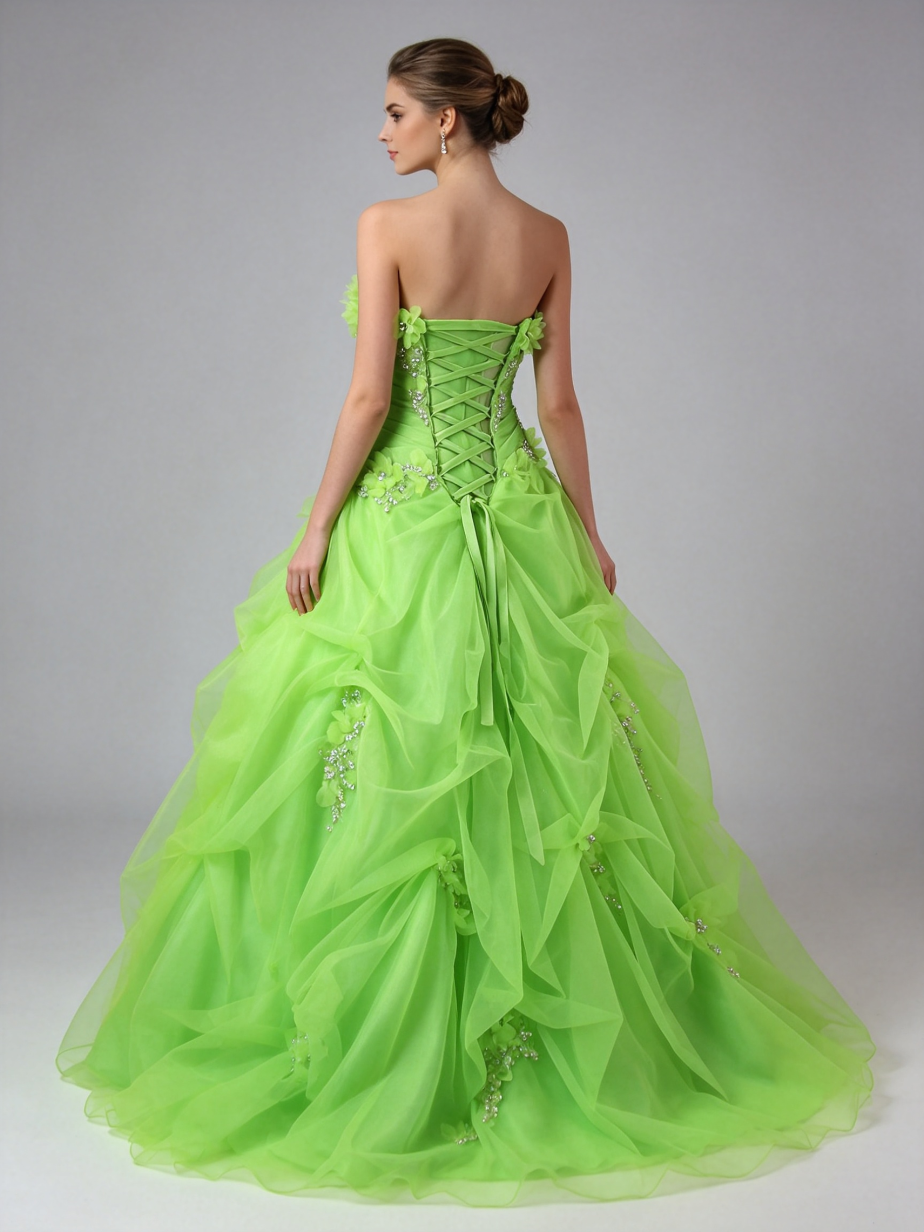 Lime Green Ball Gown Quinceanera Dress Strapless Floral Beaded Organza Ruffle Prom Pageant Formal Gown