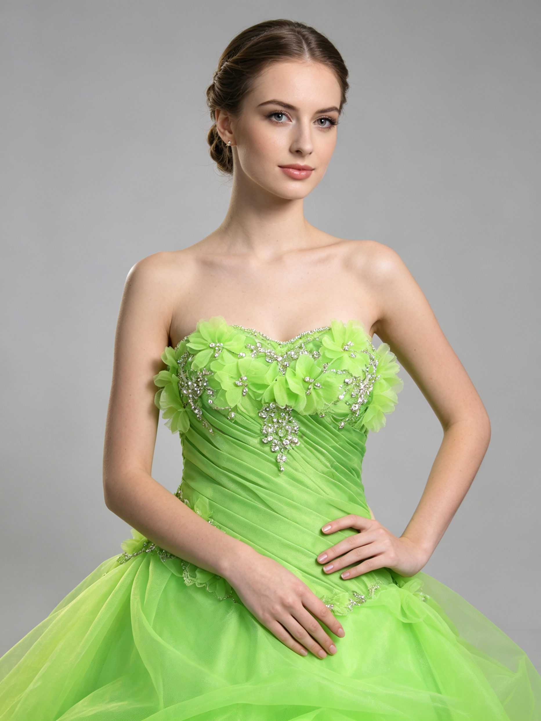 Lime Green Ball Gown Quinceanera Dress Strapless Floral Beaded Organza Ruffle Prom Pageant Formal Gown