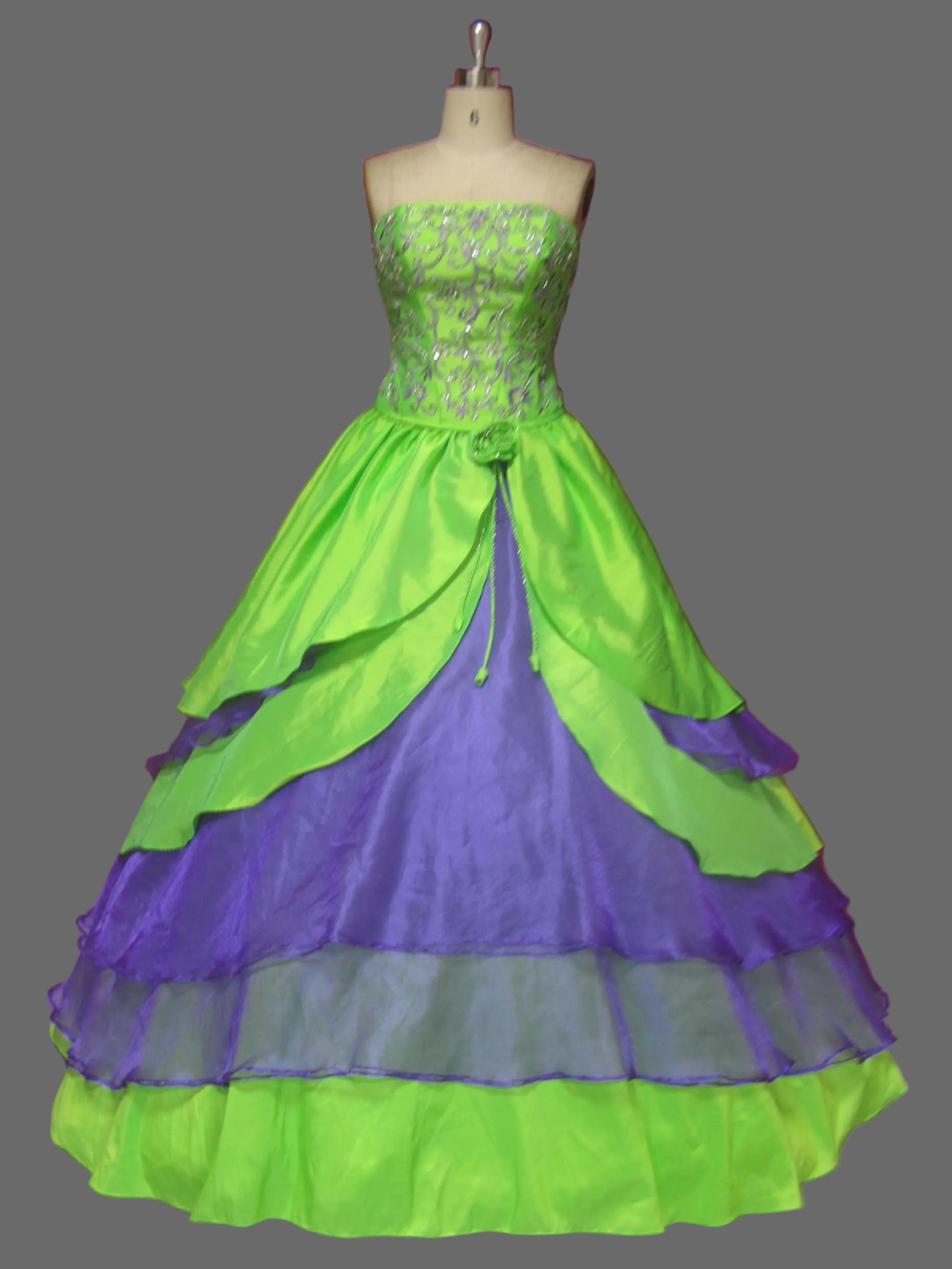 Lime Green & Purple Quinceanera Ball Gown | Strapless Tiered Dress with Silver Embroidery