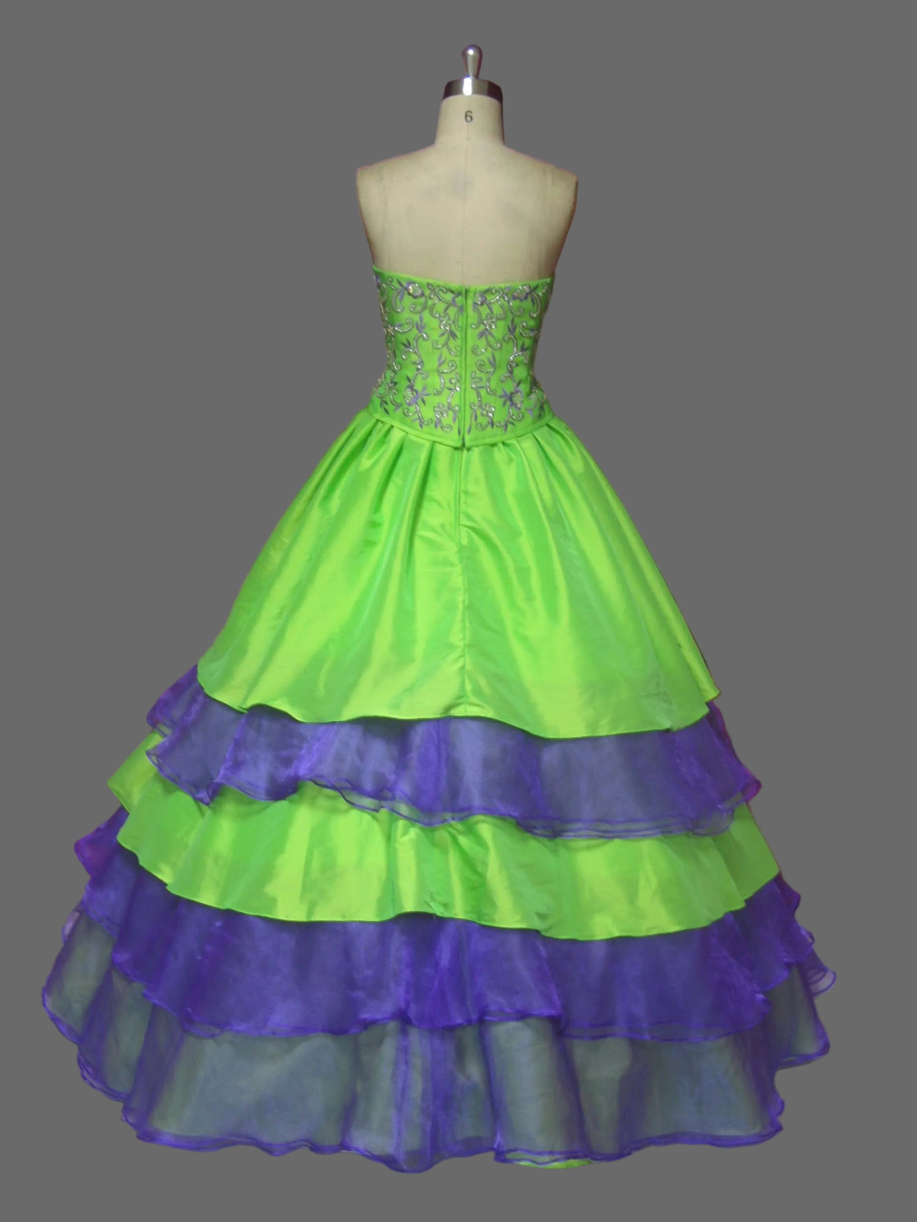 Lime Green & Purple Quinceanera Ball Gown | Strapless Tiered Dress with Silver Embroidery