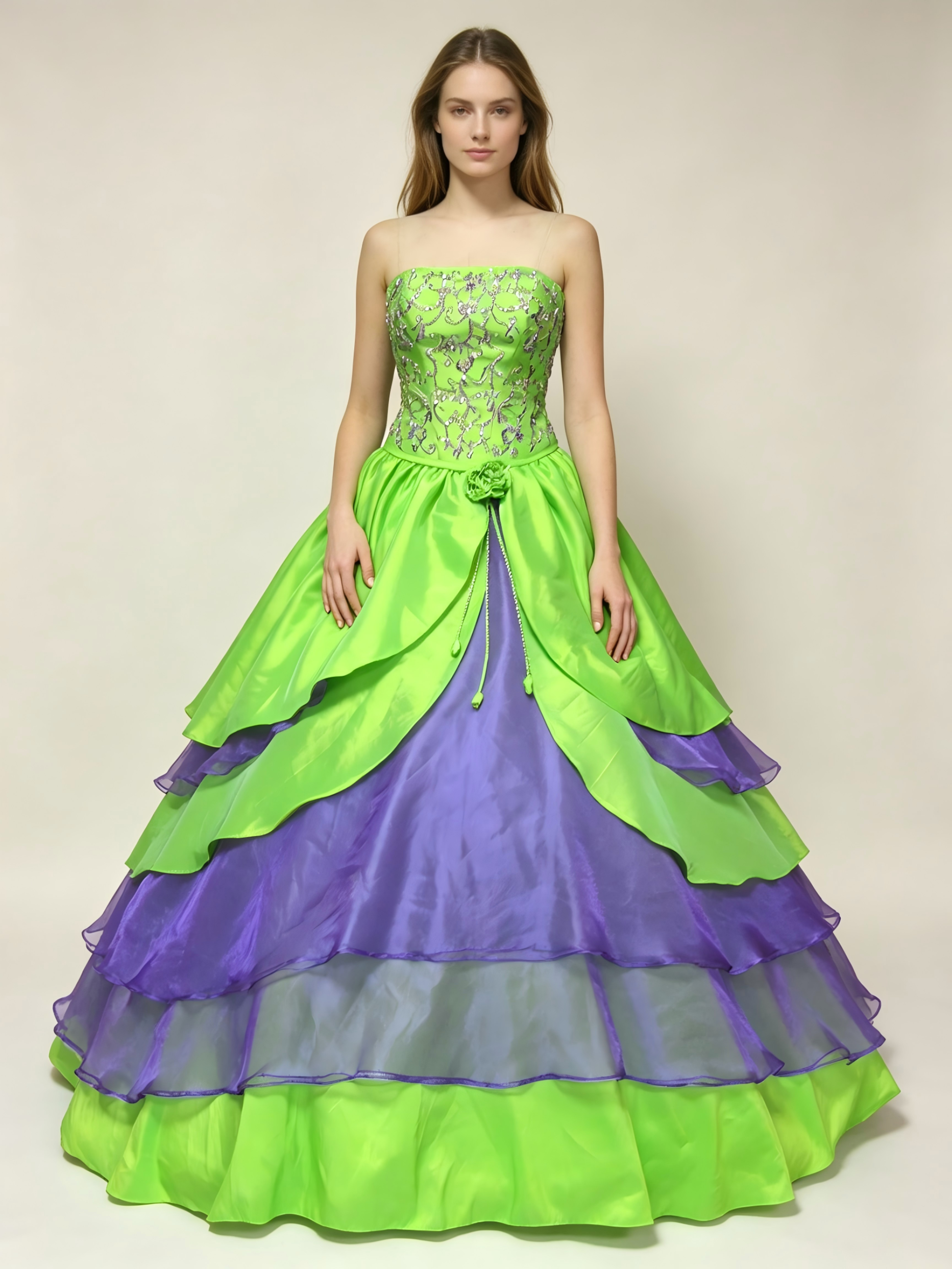 Lime Green & Purple Quinceanera Ball Gown | Strapless Tiered Dress with Silver Embroidery