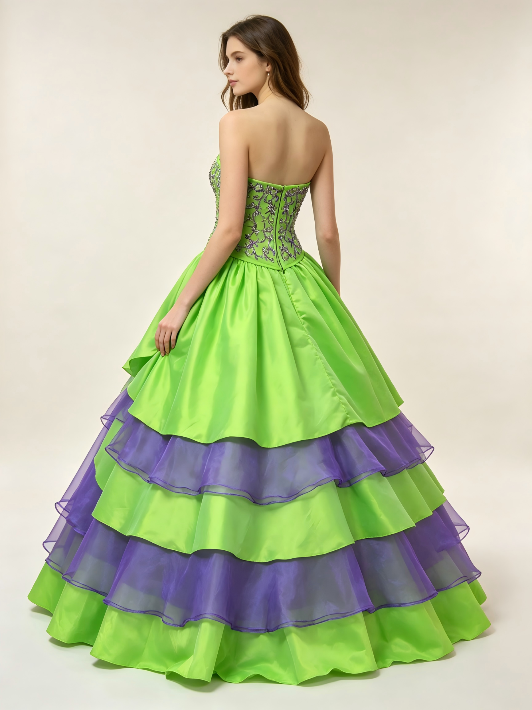 Lime Green & Purple Quinceanera Ball Gown | Strapless Tiered Dress with Silver Embroidery