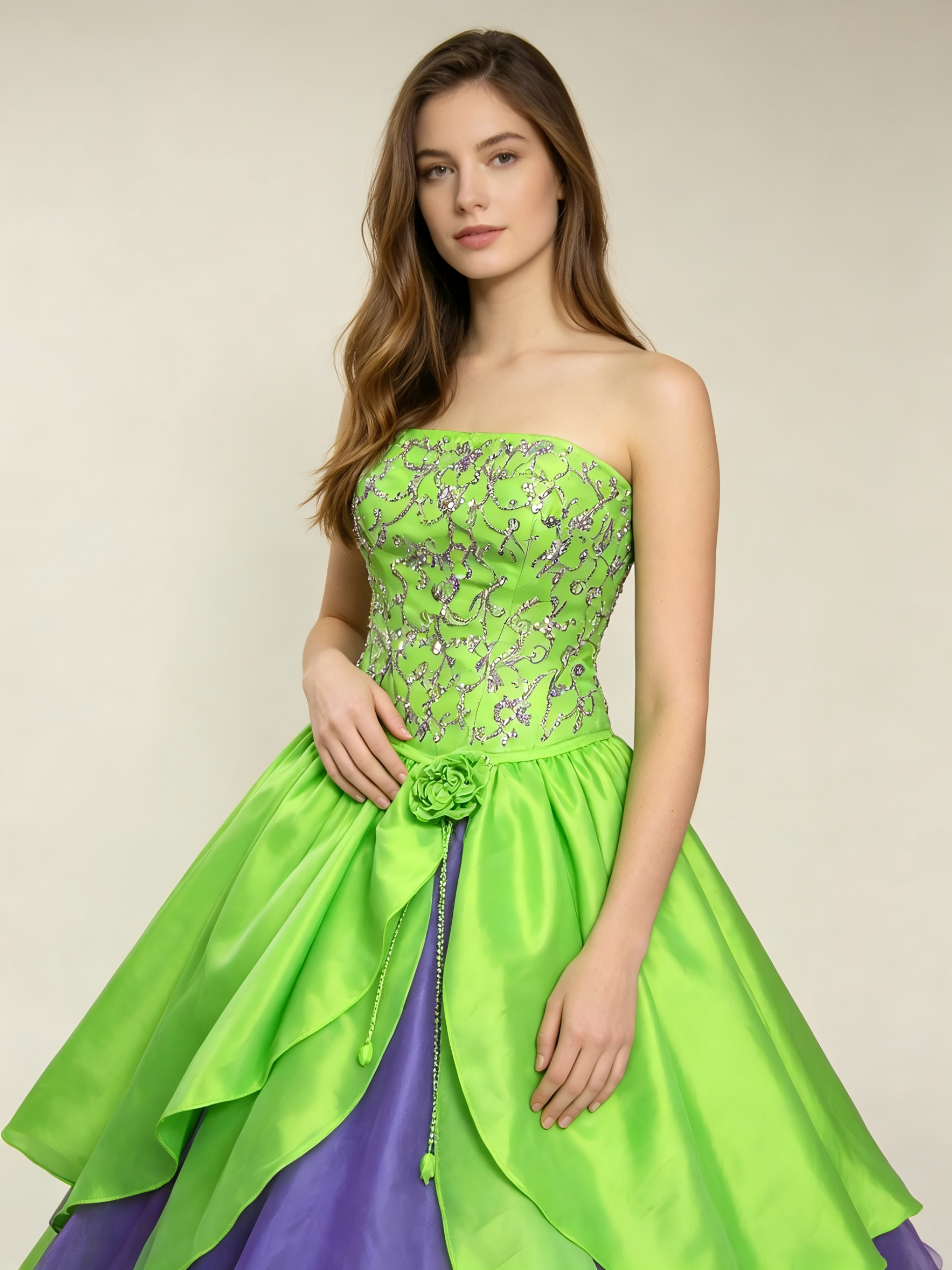 Lime Green & Purple Quinceanera Ball Gown | Strapless Tiered Dress with Silver Embroidery