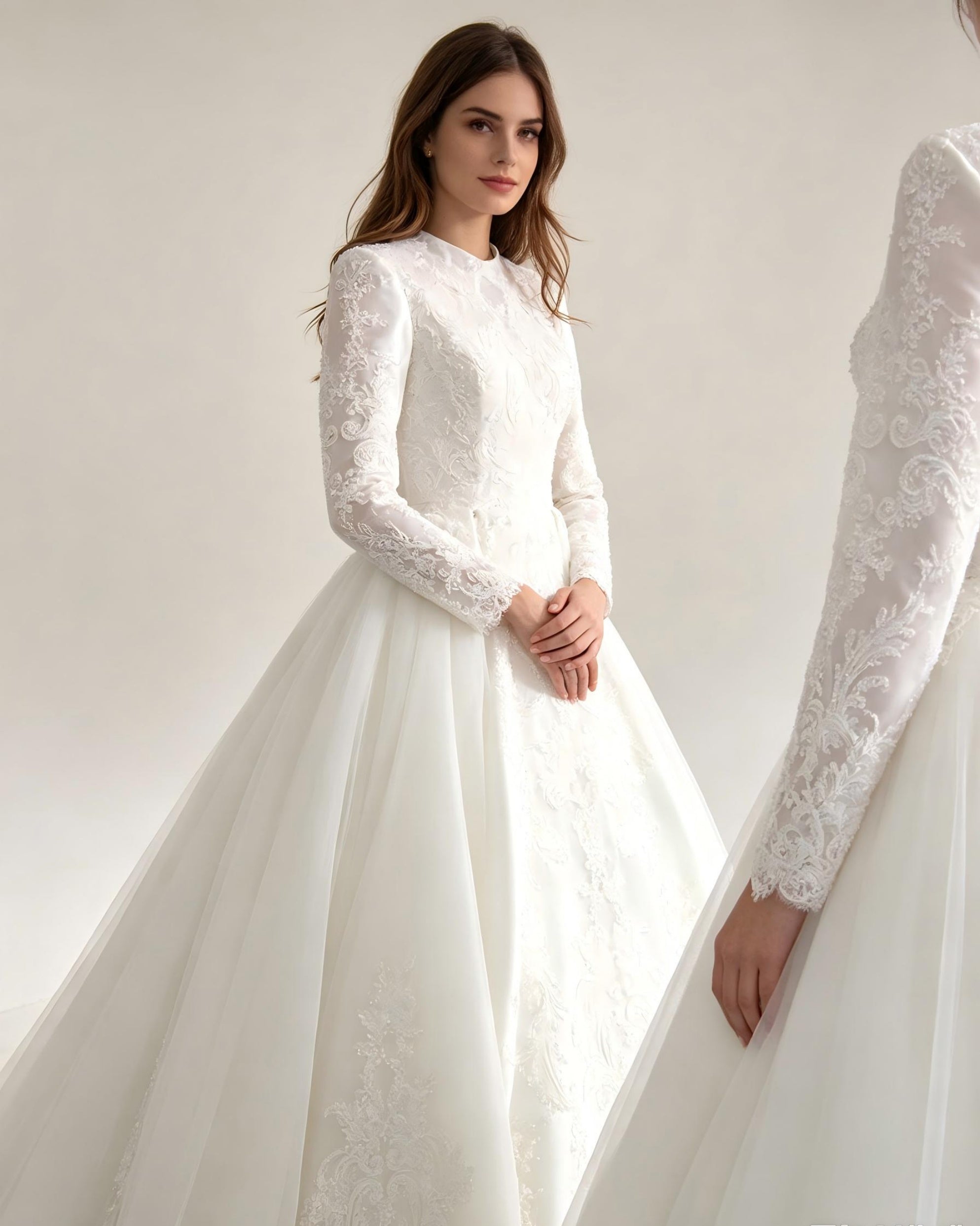 Long Sleeve A-Line Wedding Dress with Lace Appliques and Chapel Train - Modest Bridal Gown
