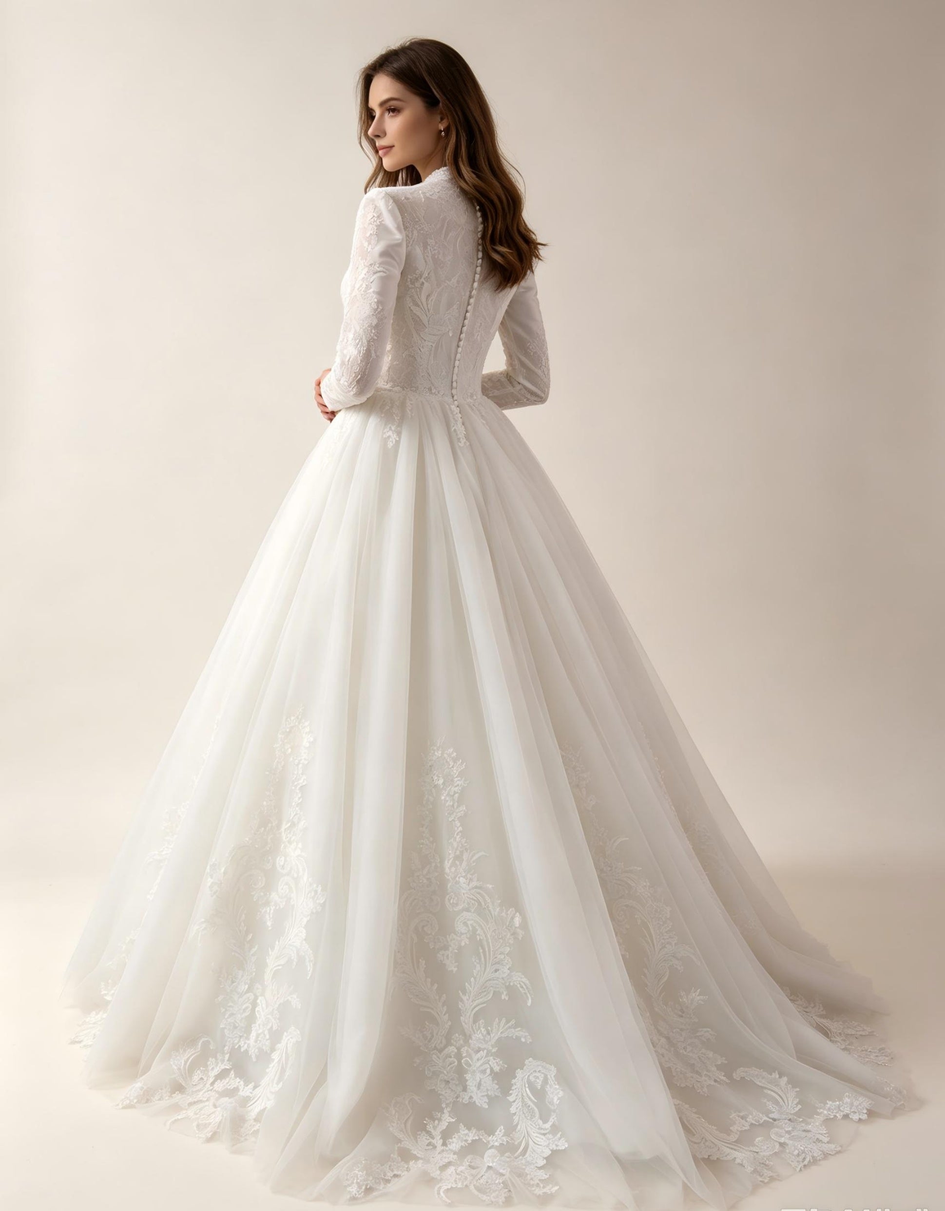 Long Sleeve A-Line Wedding Dress with Lace Appliques and Chapel Train - Modest Bridal Gown