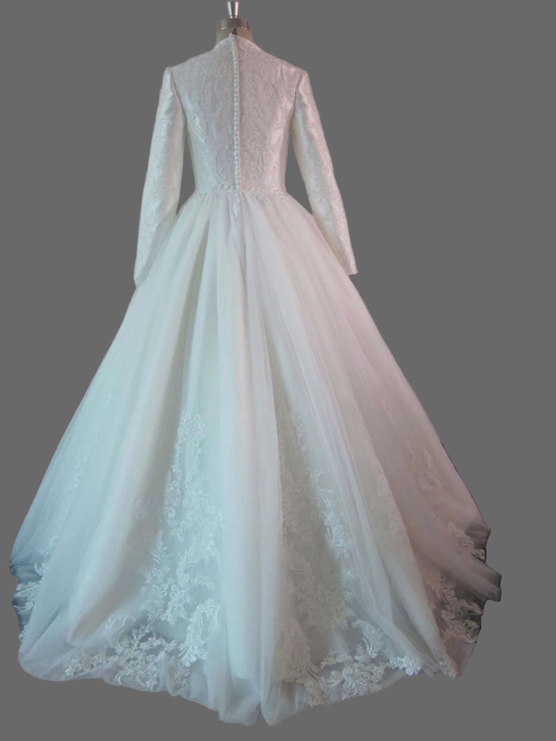 Long Sleeve A-Line Wedding Dress with Lace Appliques and Chapel Train - Modest Bridal Gown