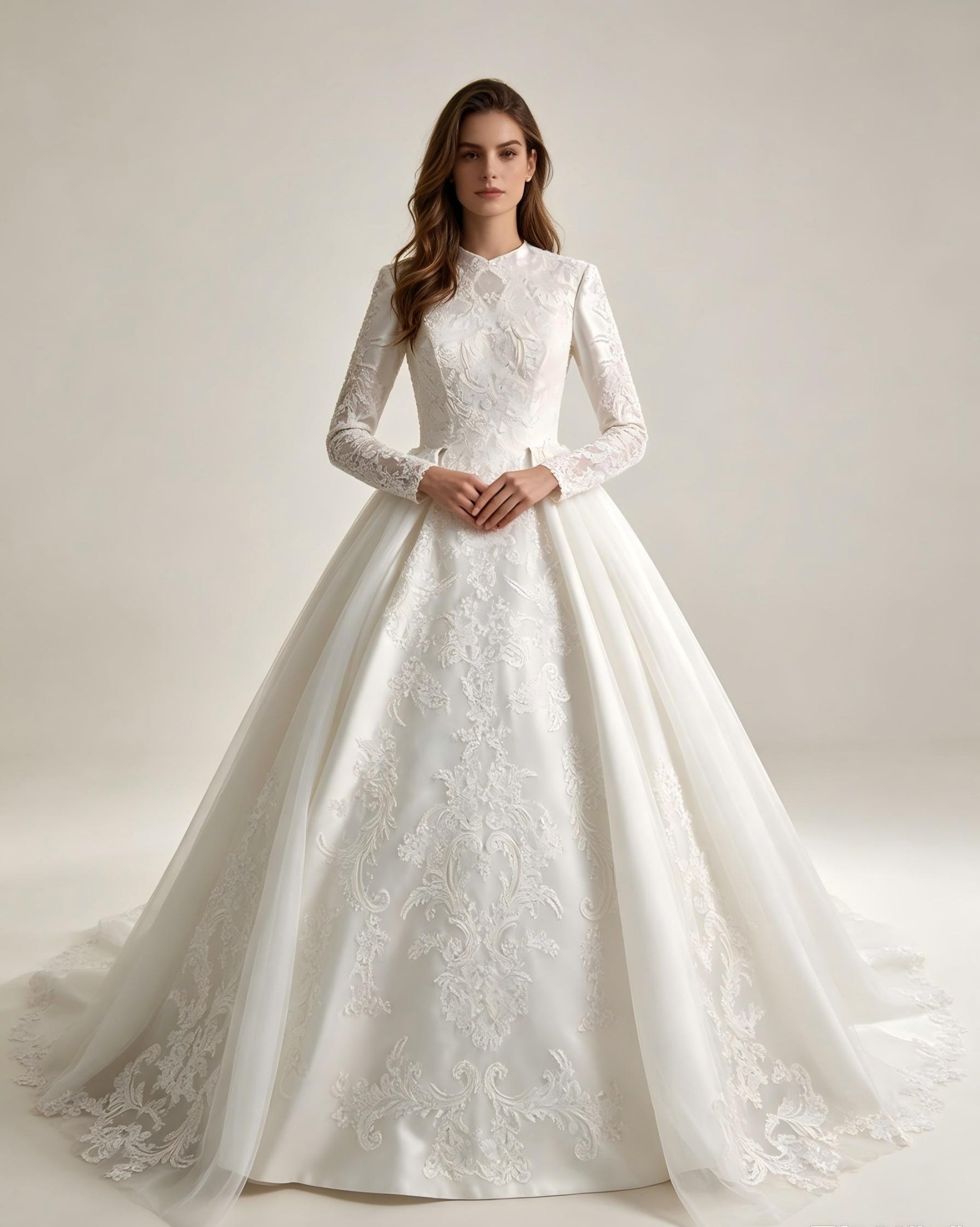 Long Sleeve A-Line Wedding Dress with Lace Appliques and Chapel Train - Modest Bridal Gown