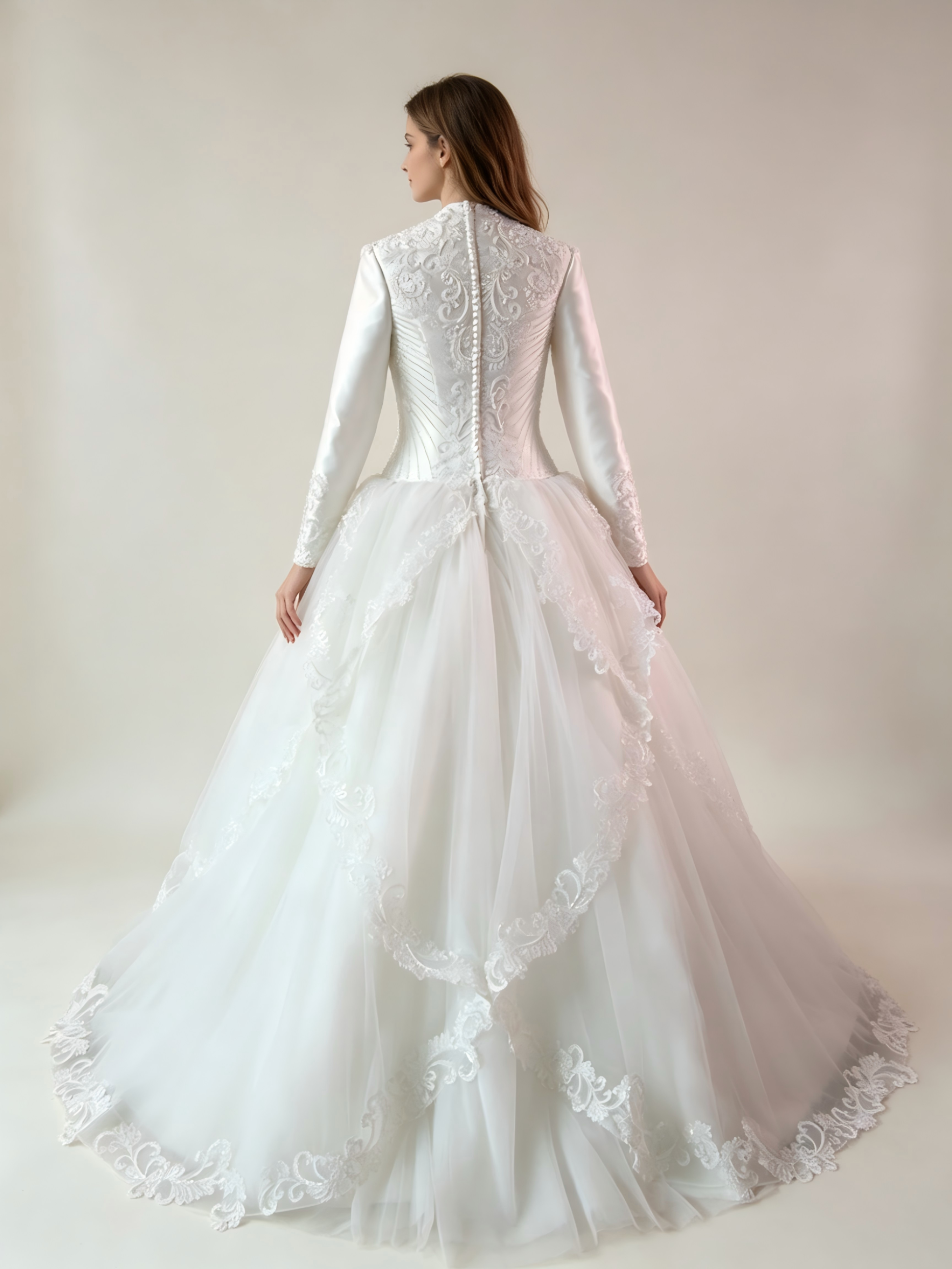 Long Sleeve Ball Gown Wedding Dress with 3D Floral Appliqués & Lace Hem - Luxury Bridal Gown
