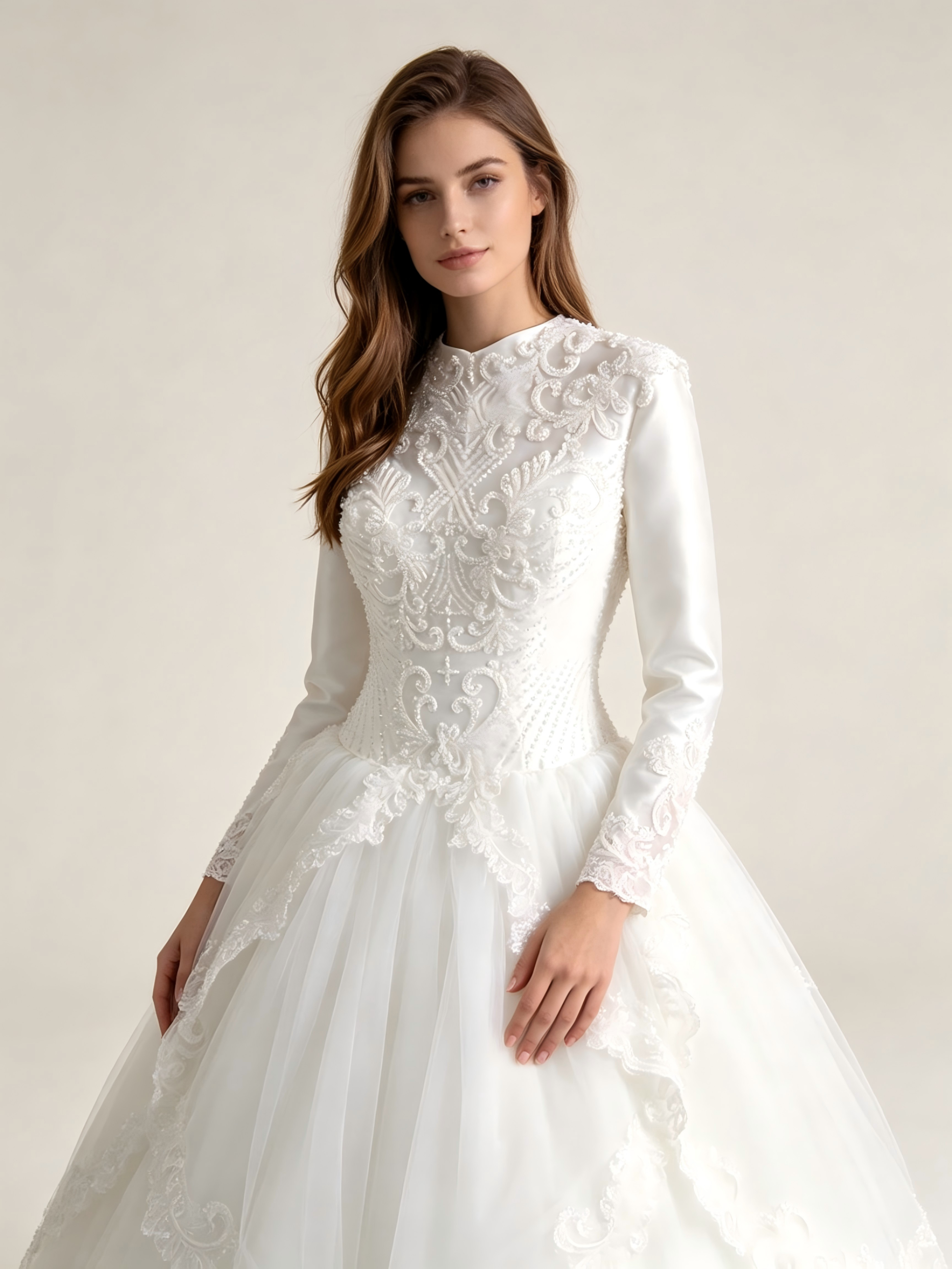 Long Sleeve Ball Gown Wedding Dress with 3D Floral Appliqués & Lace Hem - Luxury Bridal Gown
