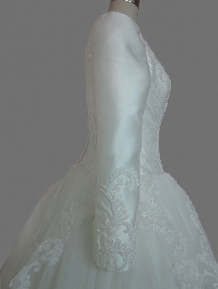 Long Sleeve Ball Gown Wedding Dress with 3D Floral Appliqués & Lace Hem - Luxury Bridal Gown