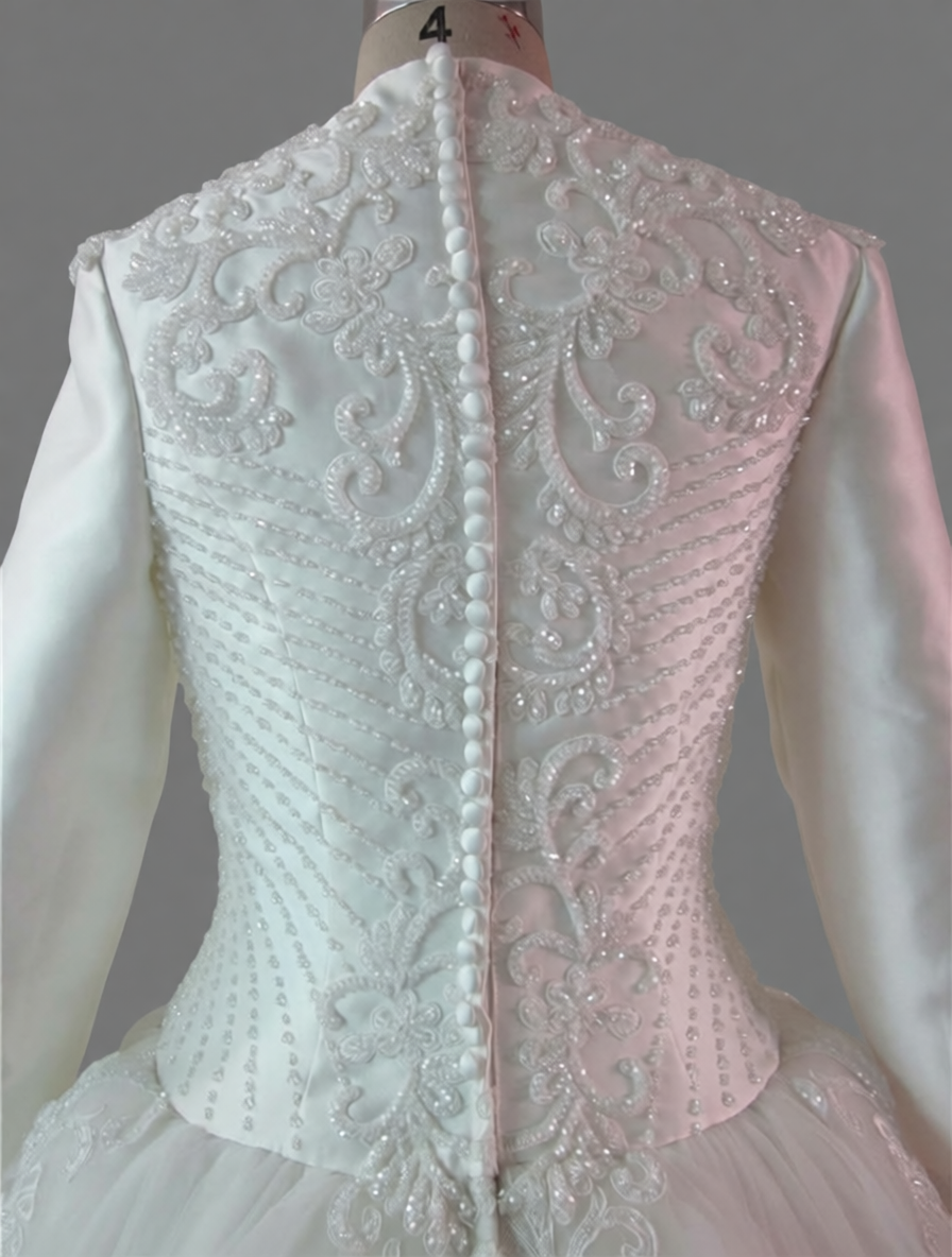 Long Sleeve Ball Gown Wedding Dress with 3D Floral Appliqués & Lace Hem - Luxury Bridal Gown