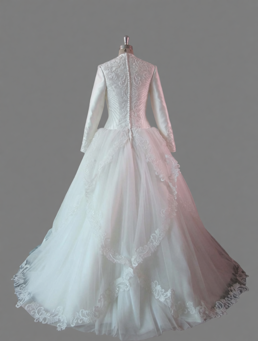 Long Sleeve Ball Gown Wedding Dress with 3D Floral Appliqués & Lace Hem - Luxury Bridal Gown