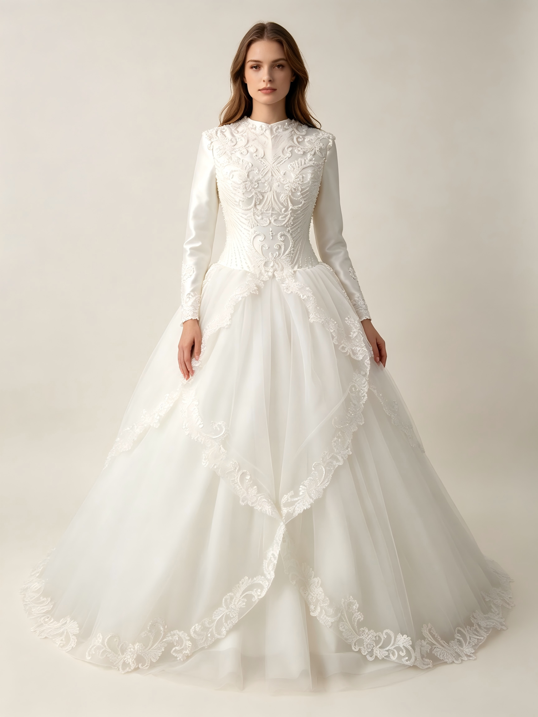 Long Sleeve Ball Gown Wedding Dress with 3D Floral Appliqués & Lace Hem - Luxury Bridal Gown