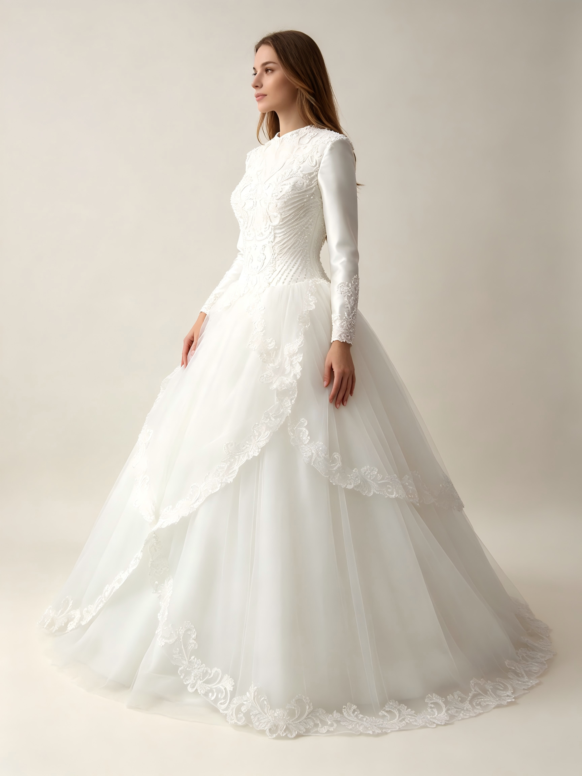 Long Sleeve Ball Gown Wedding Dress with 3D Floral Appliqués & Lace Hem - Luxury Bridal Gown