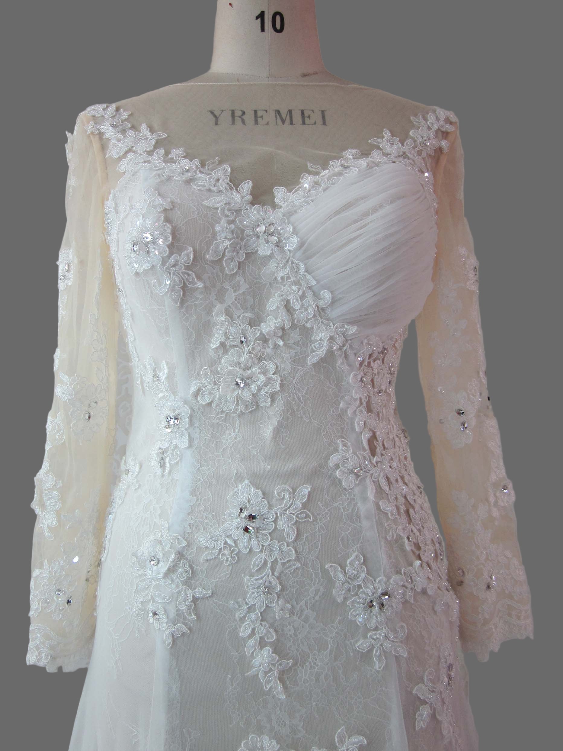 Long Sleeve Lace Wedding Dress A-Line Bridal Gown with Illusion Neckline and Chapel Train