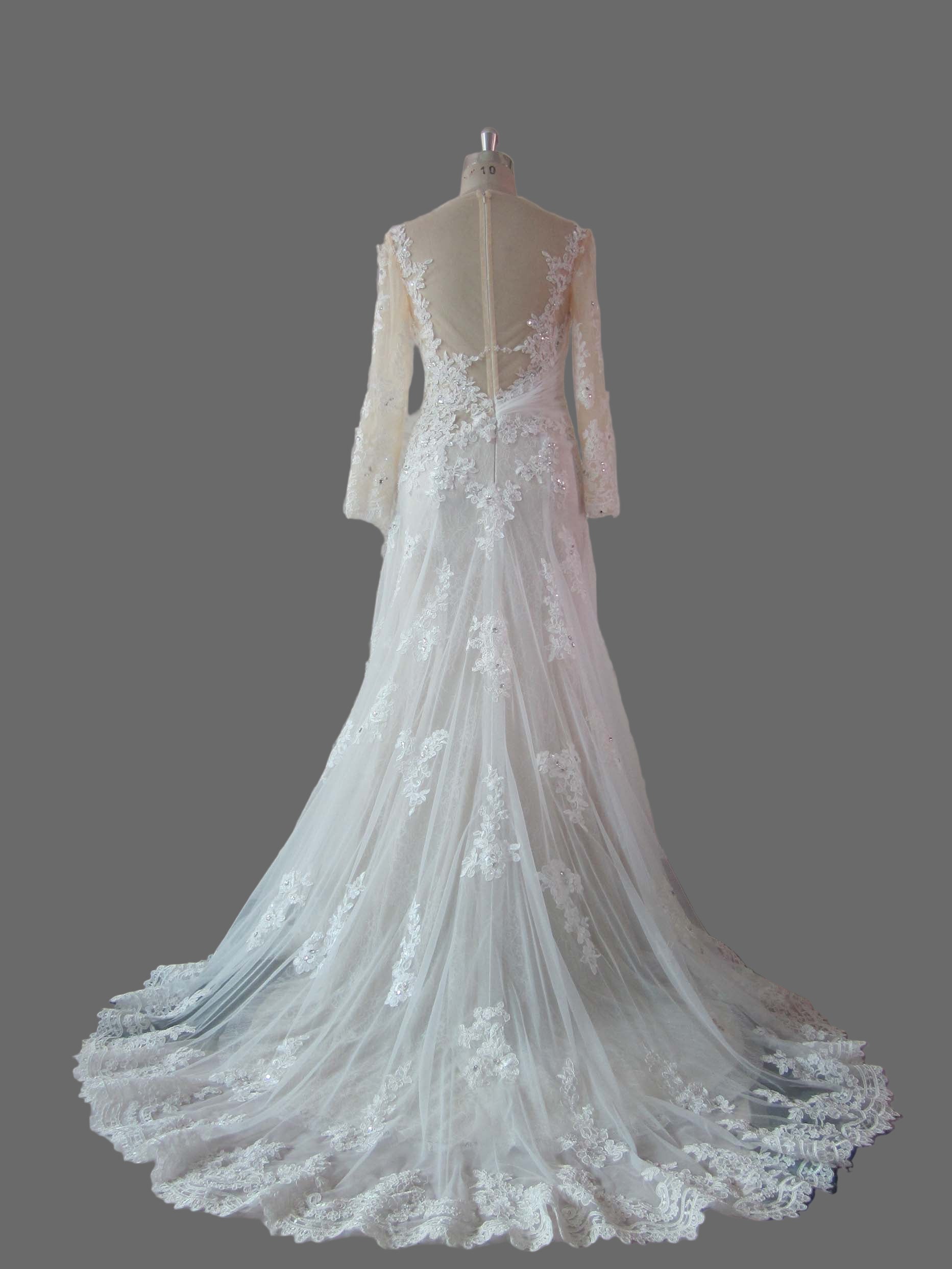 Long Sleeve Lace Wedding Dress A-Line Bridal Gown with Illusion Neckline and Chapel Train