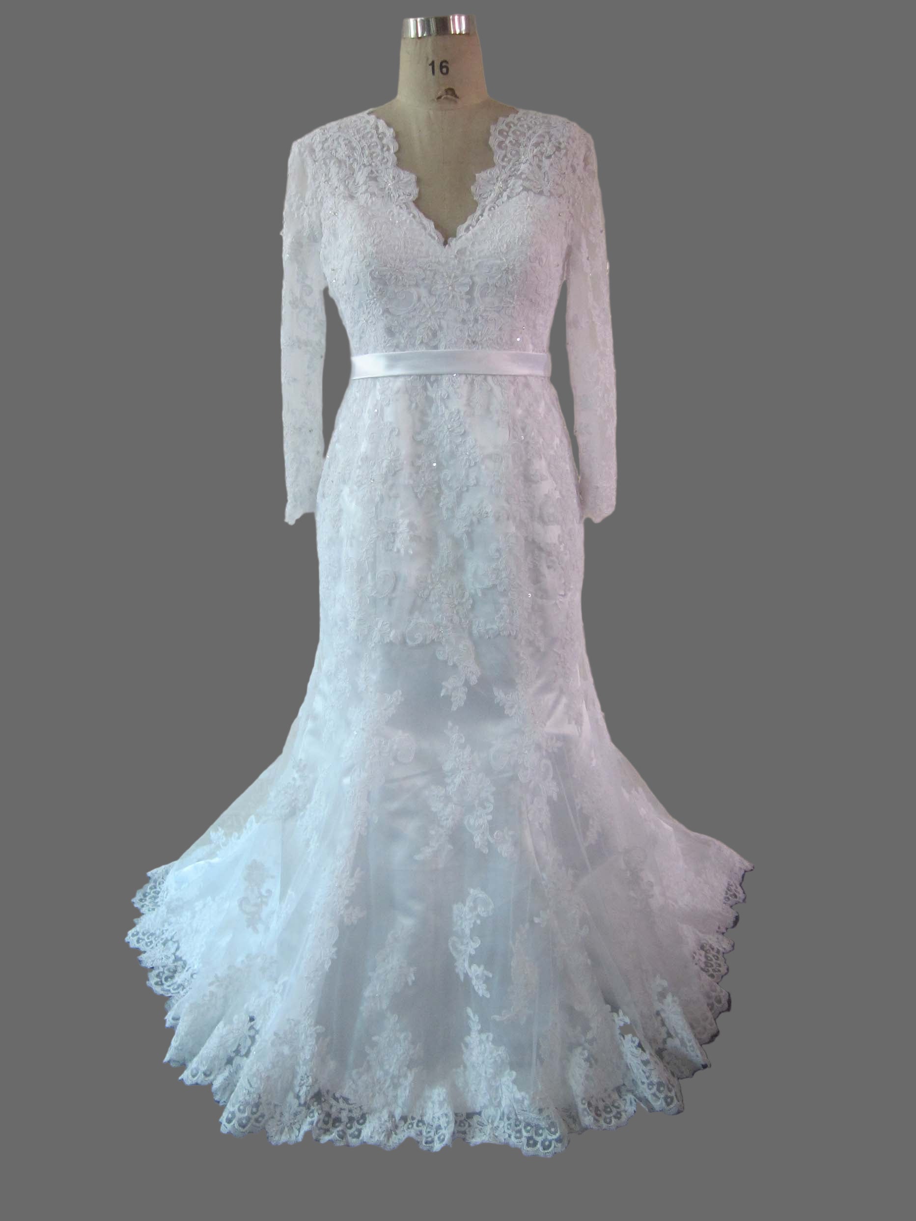 Long Sleeve Lace Wedding Dress - V-Neck Mermaid Bridal Gown with Cathedral Train