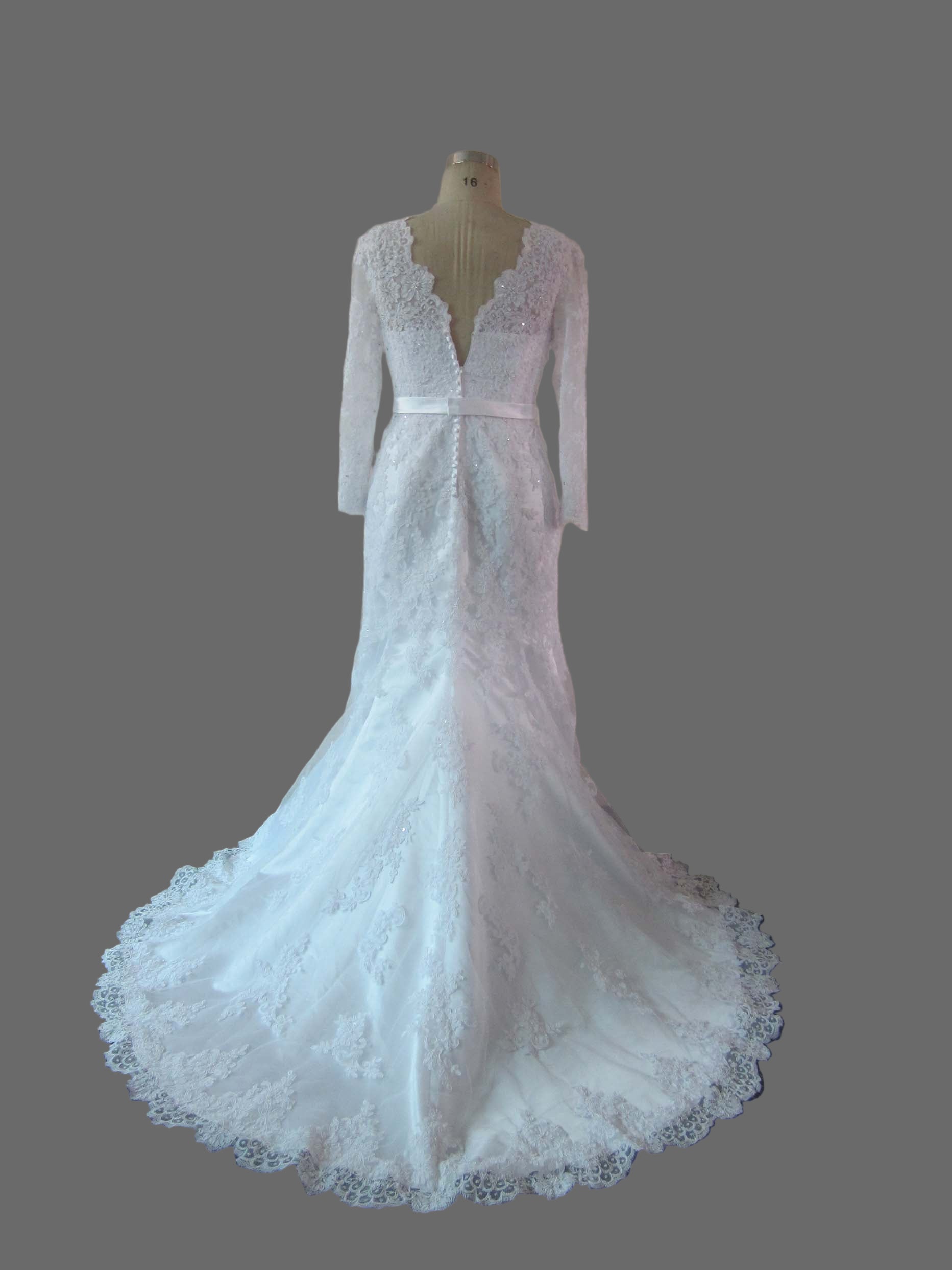 Long Sleeve Lace Wedding Dress - V-Neck Mermaid Bridal Gown with Cathedral Train