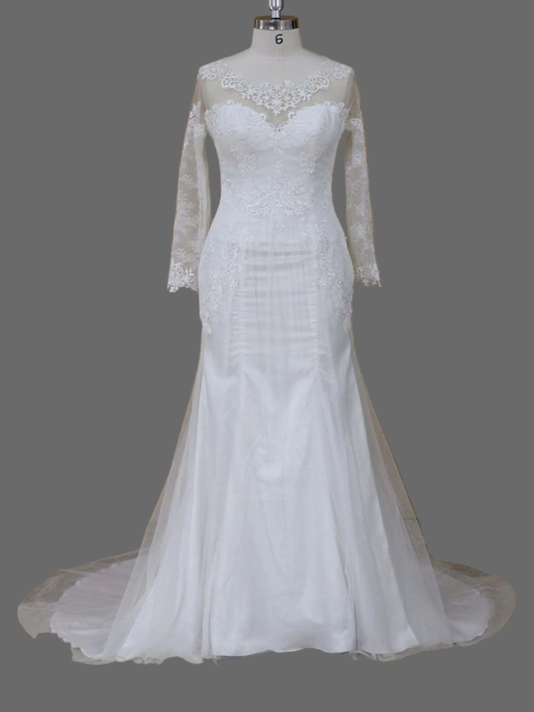 Long Sleeve Mermaid Wedding Dress with Illusion Neckline Lace Appliqués & Chapel Train